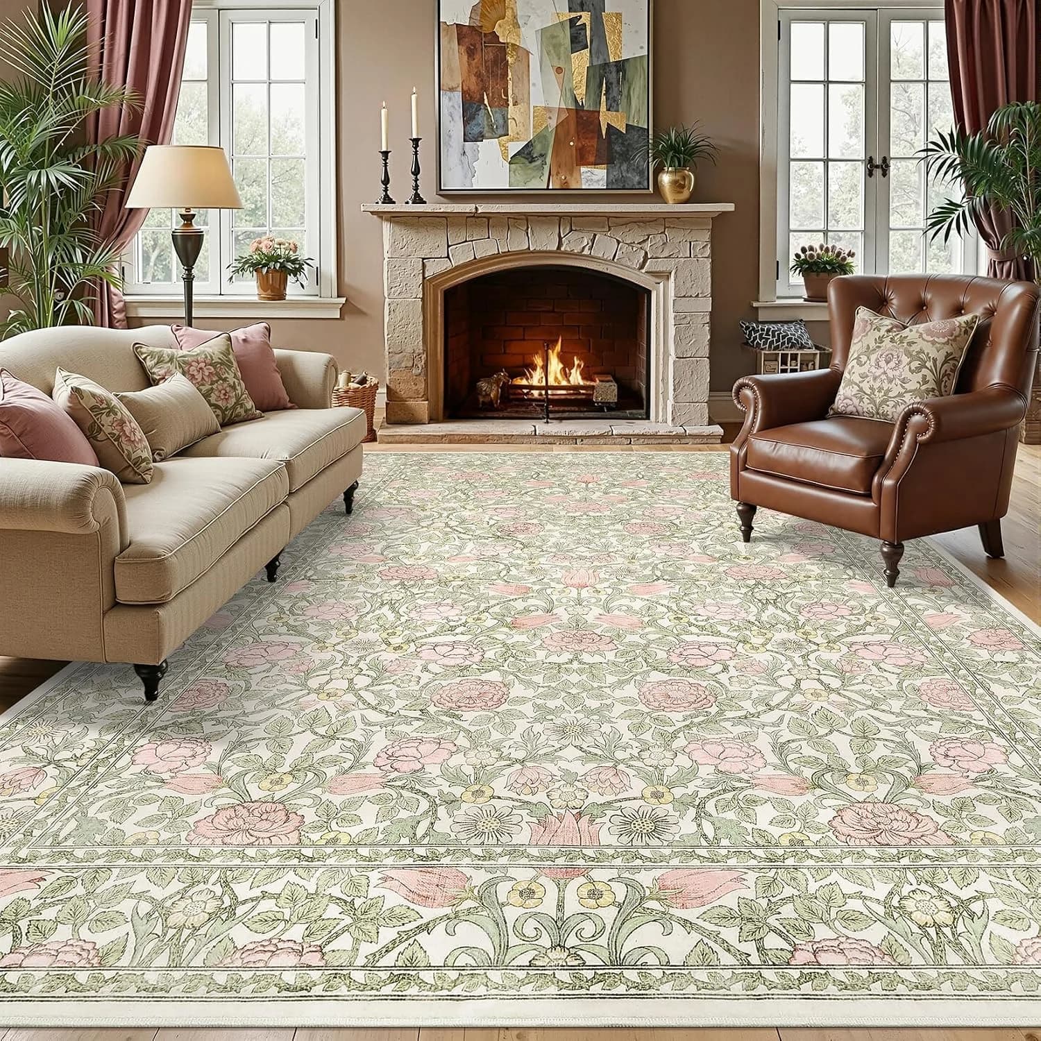 GarveeHome Pink Green Beige Floral 8x10 Area Rugs for Living Room Bedroom