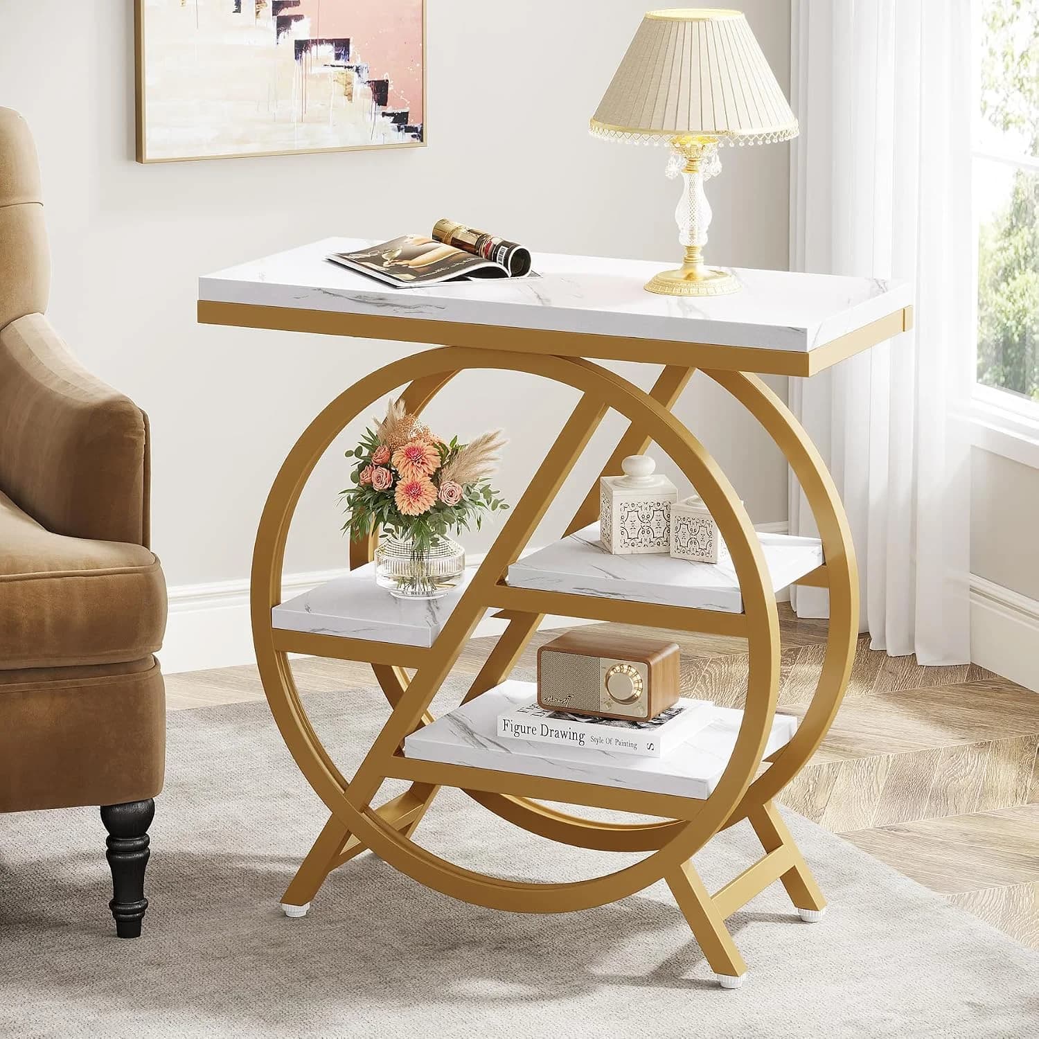 Tribesigns End Table for Living Room, 3-Tier Faux Marble Side Table with Storage, Wood Narrow Sofa Side Table with Geome