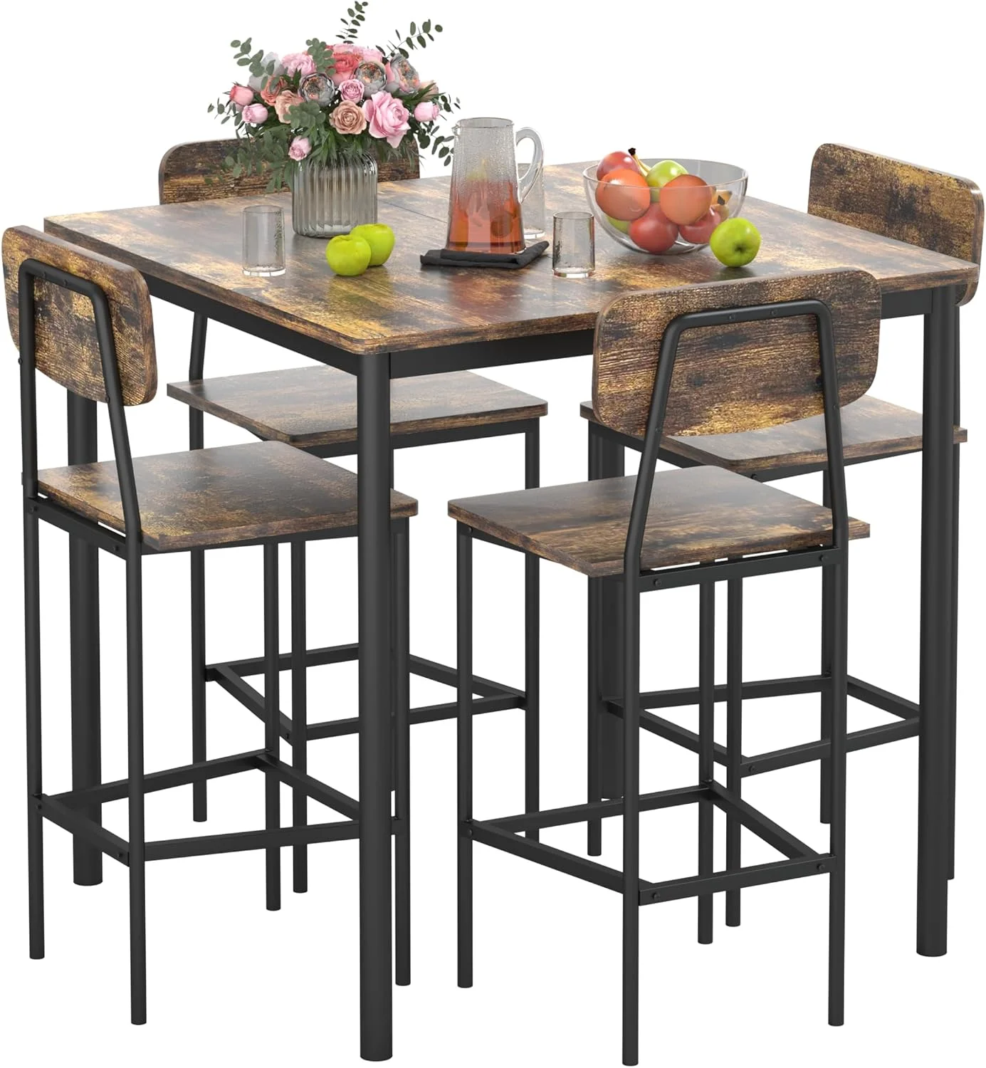 Kitchen Table and Chairs of 4, 5 Piece Dining Table Set, Sturdy Industrial Space Saving Dinette Set for Pub, Family Dinn