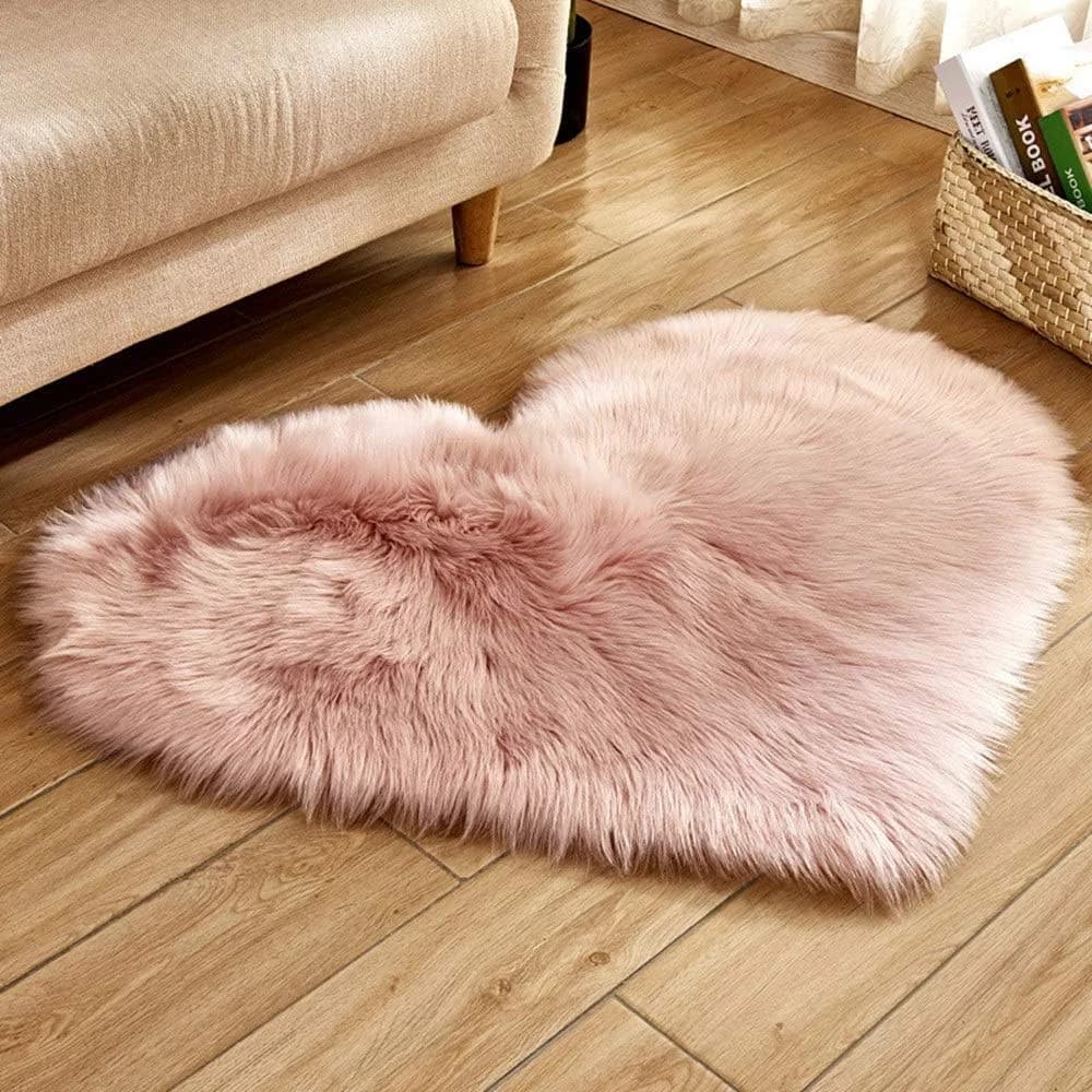 Heart Shaped Soft Faux Sheepskin Fur Area Rugs for Home Sofa Floor Mat Plush, 3ft x 2.2ft (Peach Pink)