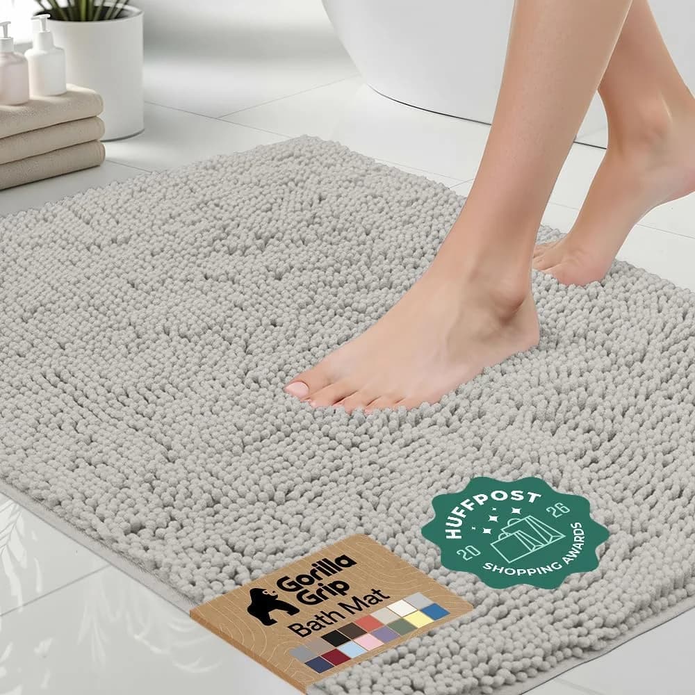 GORILLA GRIP Bath Rug Mat for Bathroom, Absorbent Chenille 24x17 Light Gray