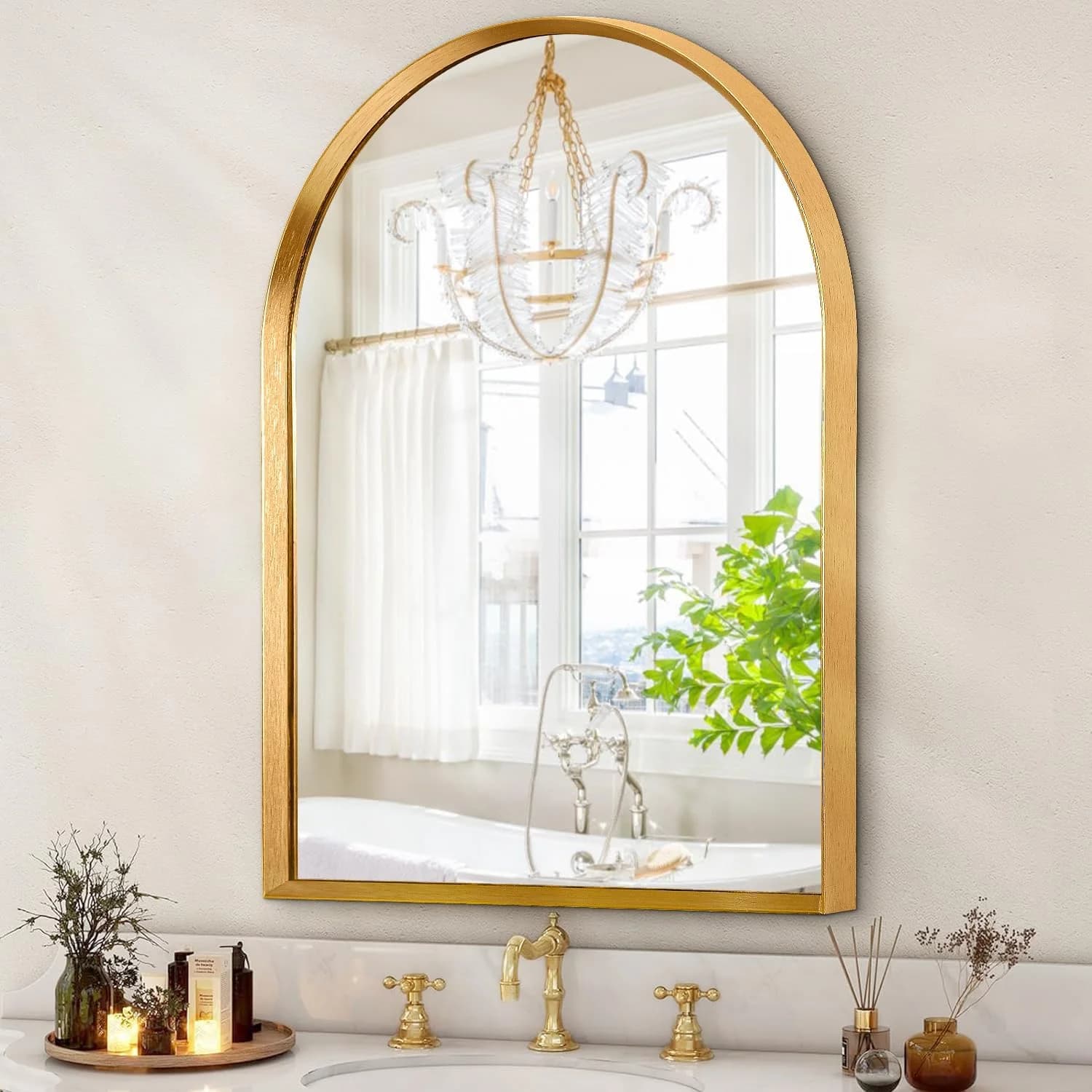 Gold Arched Mirror, Modern Bathroom Wall Mirror Aluminum Alloy Framed Mirror Brushed Metal Vanity Wall Mounted Mirrors f
