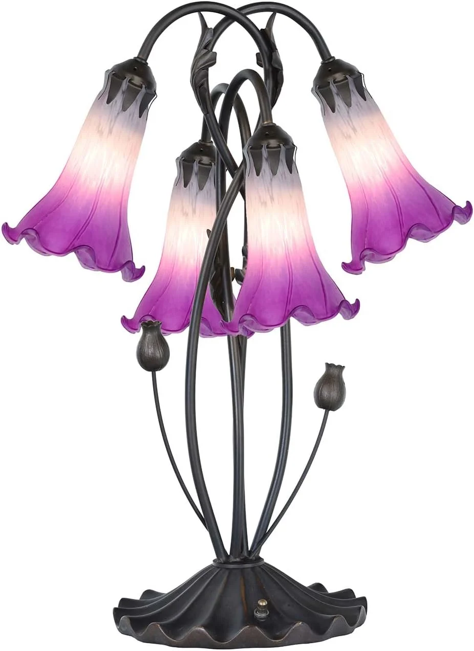 Bieye L10851 Lily Flower Blown Glass Accent Table Lamp for Living Room Bedroom Decoration (4-Light, Purple)