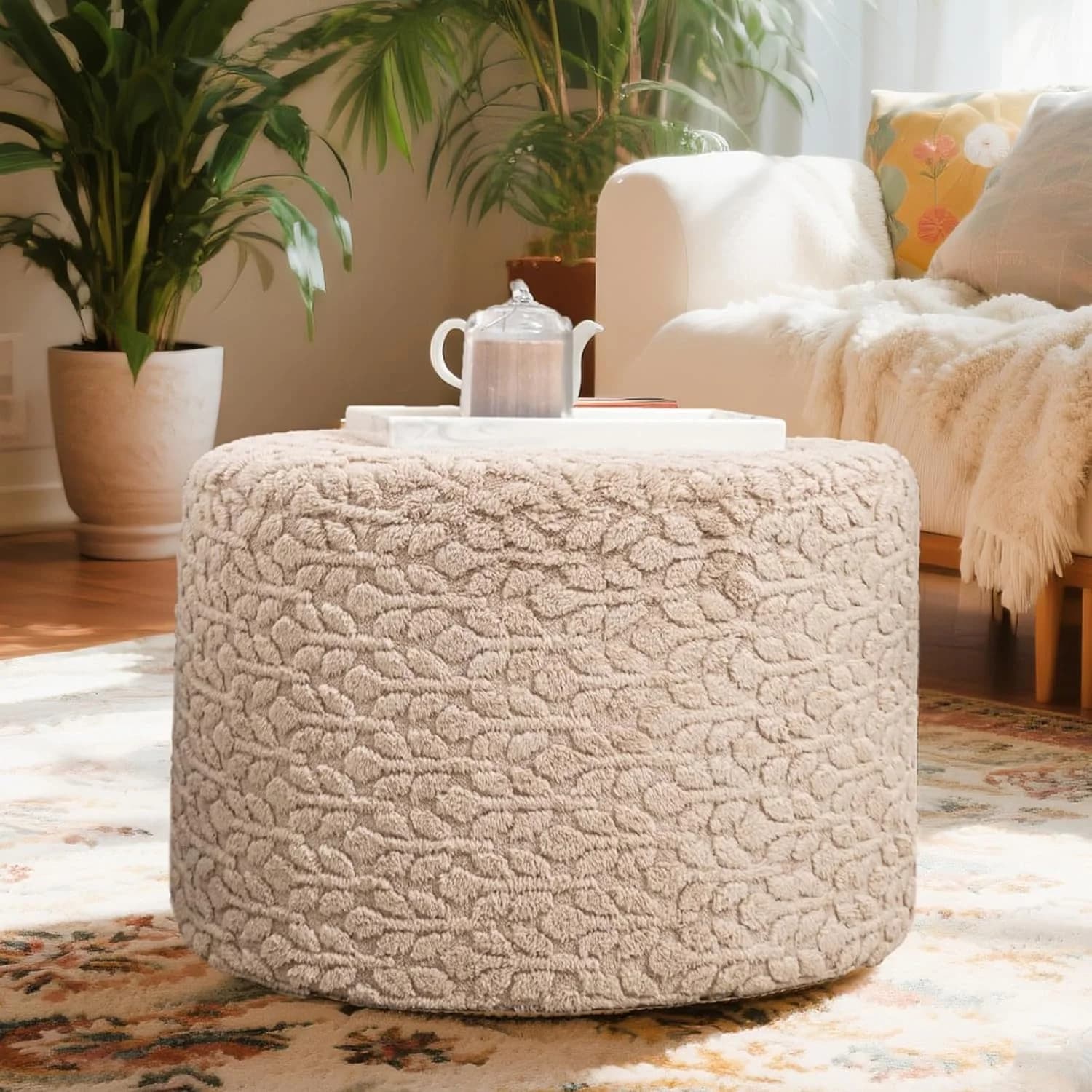 Poofieotto Pouf Ottoman Footstool 20x20x14In Couch Footrest Light Coffee