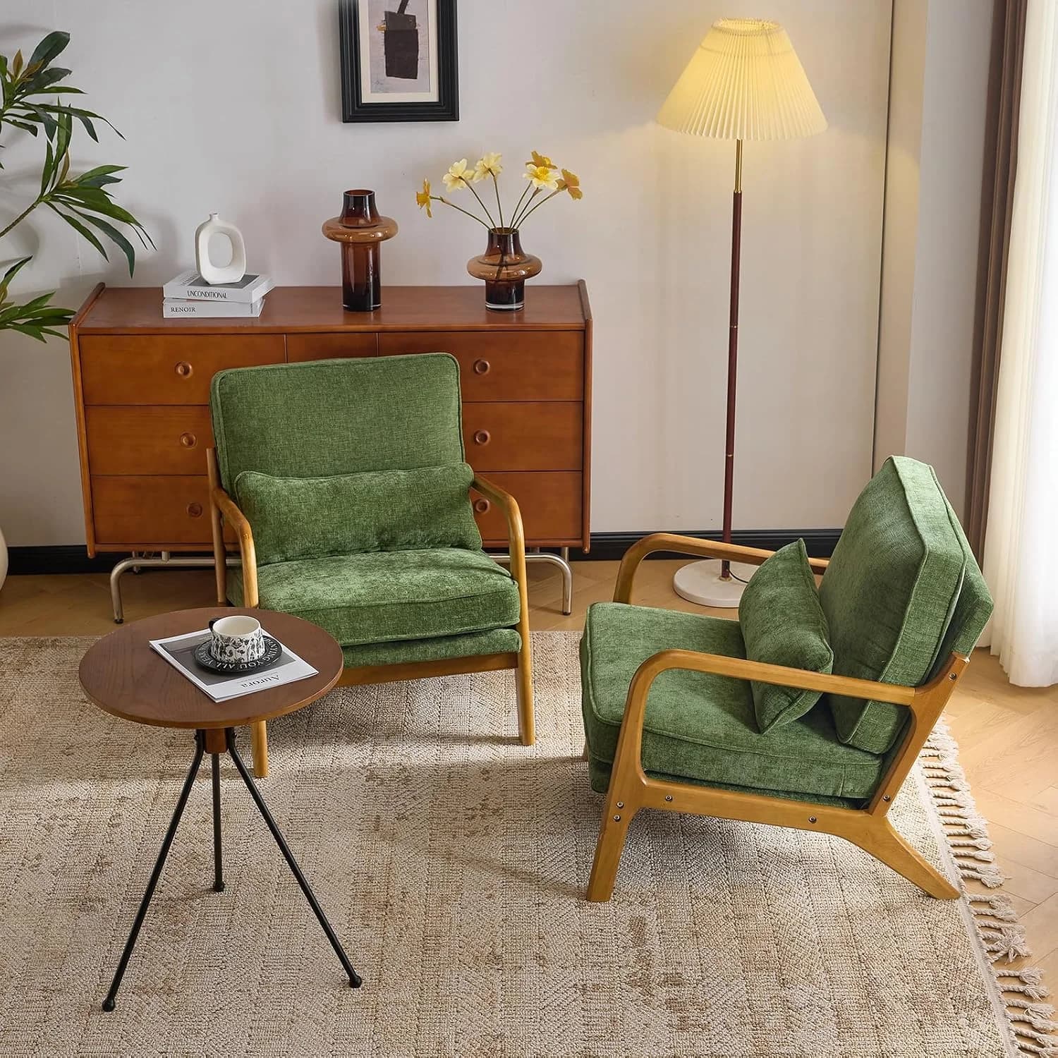 VINGLI Chenille Mid-Century Modern Accent Chair Set of 2, Cute Reading Arm Chair with Cushion & Lumbar Pillow & Solid Wo