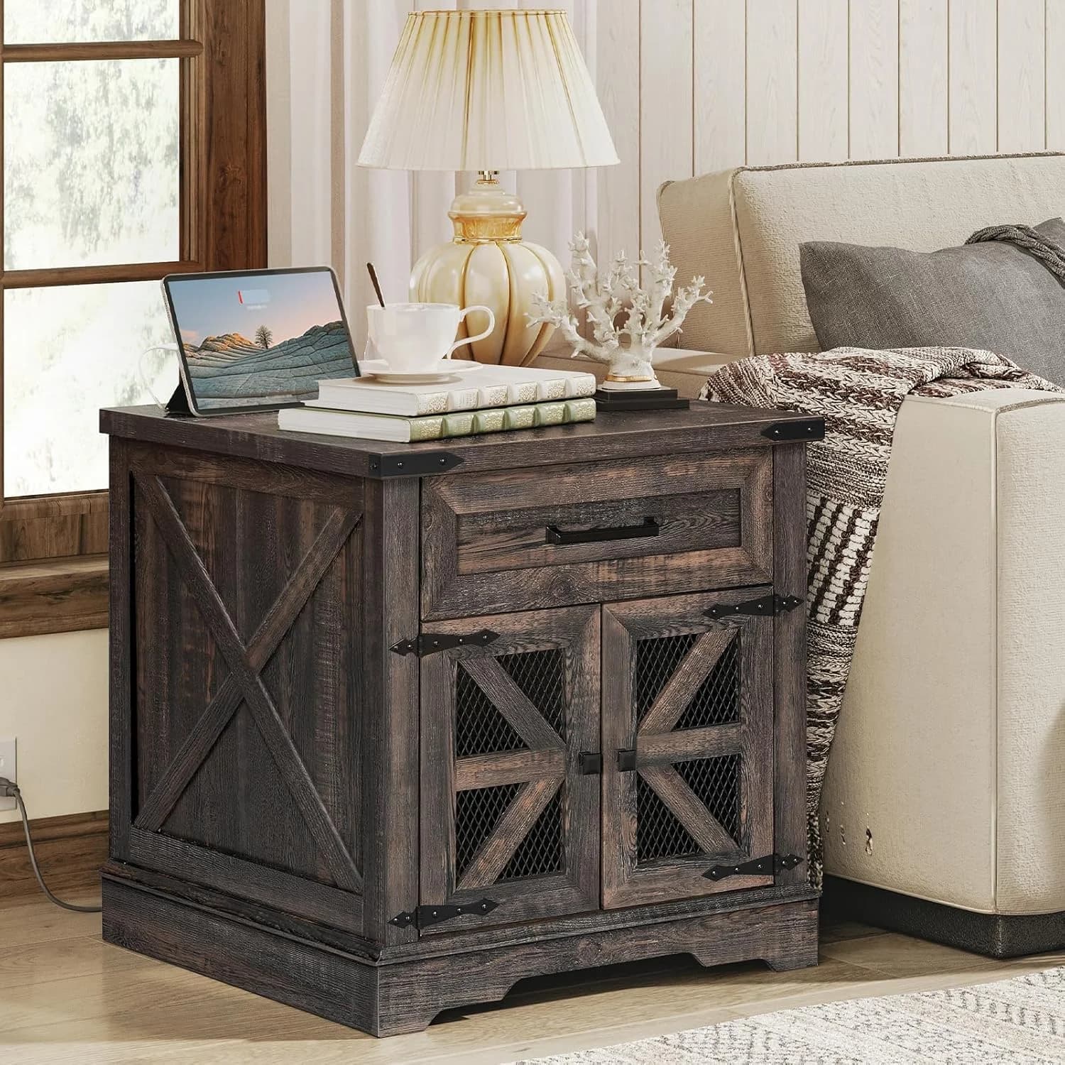 RALGEND Farmhouse End Table with Charging Station, 24" Large Sofa Side Table with Drawer, Large End Table for Living Roo
