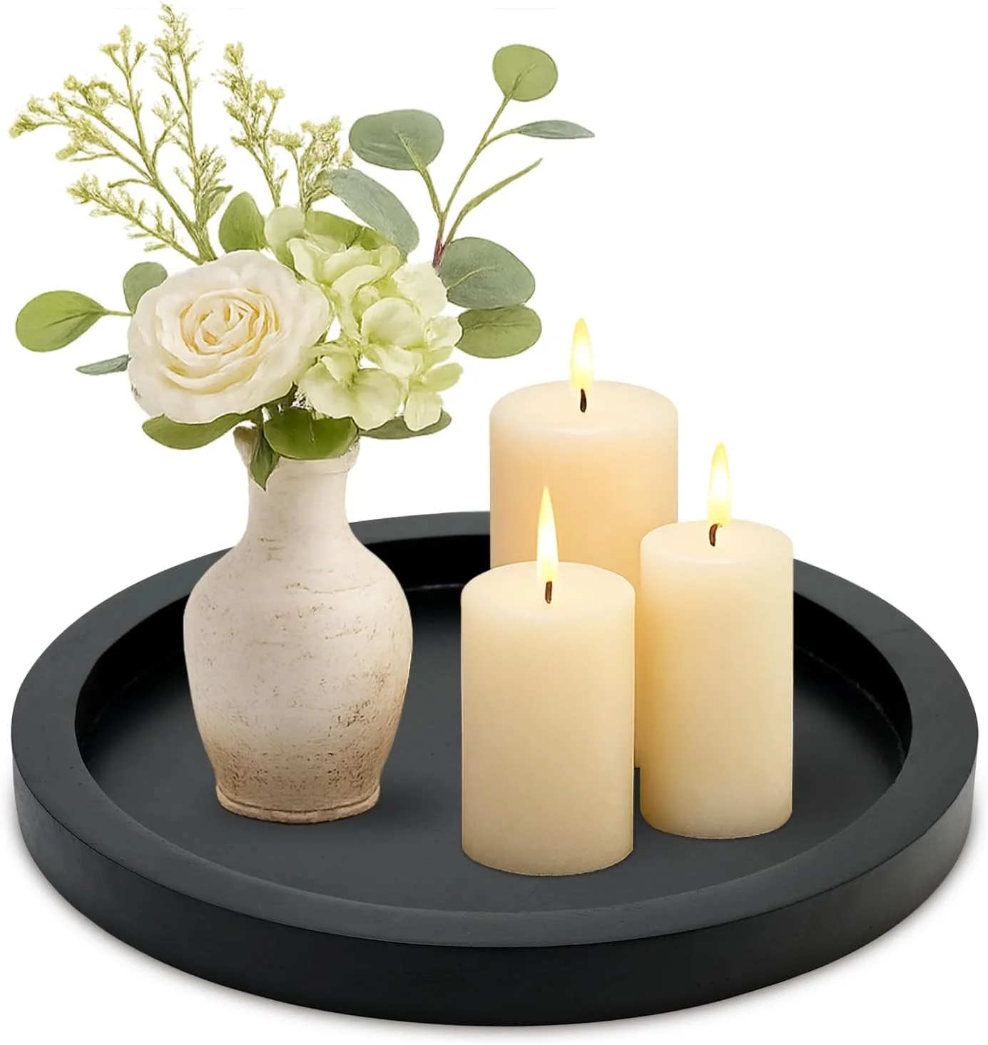 Black Round Wood Decorative Tray for Coffee Dining Table Centerpiece Decor