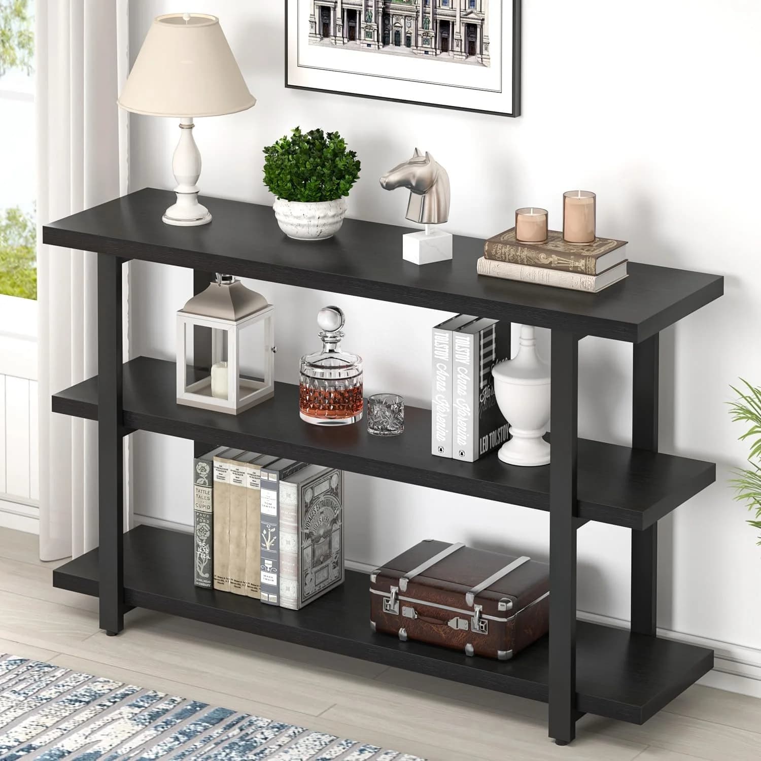 FOLUBAN Black Entryway Table, Modern Console Tables with 3 Tier Storage Shelves for Living Room, Wood and Metal Sofa Tab