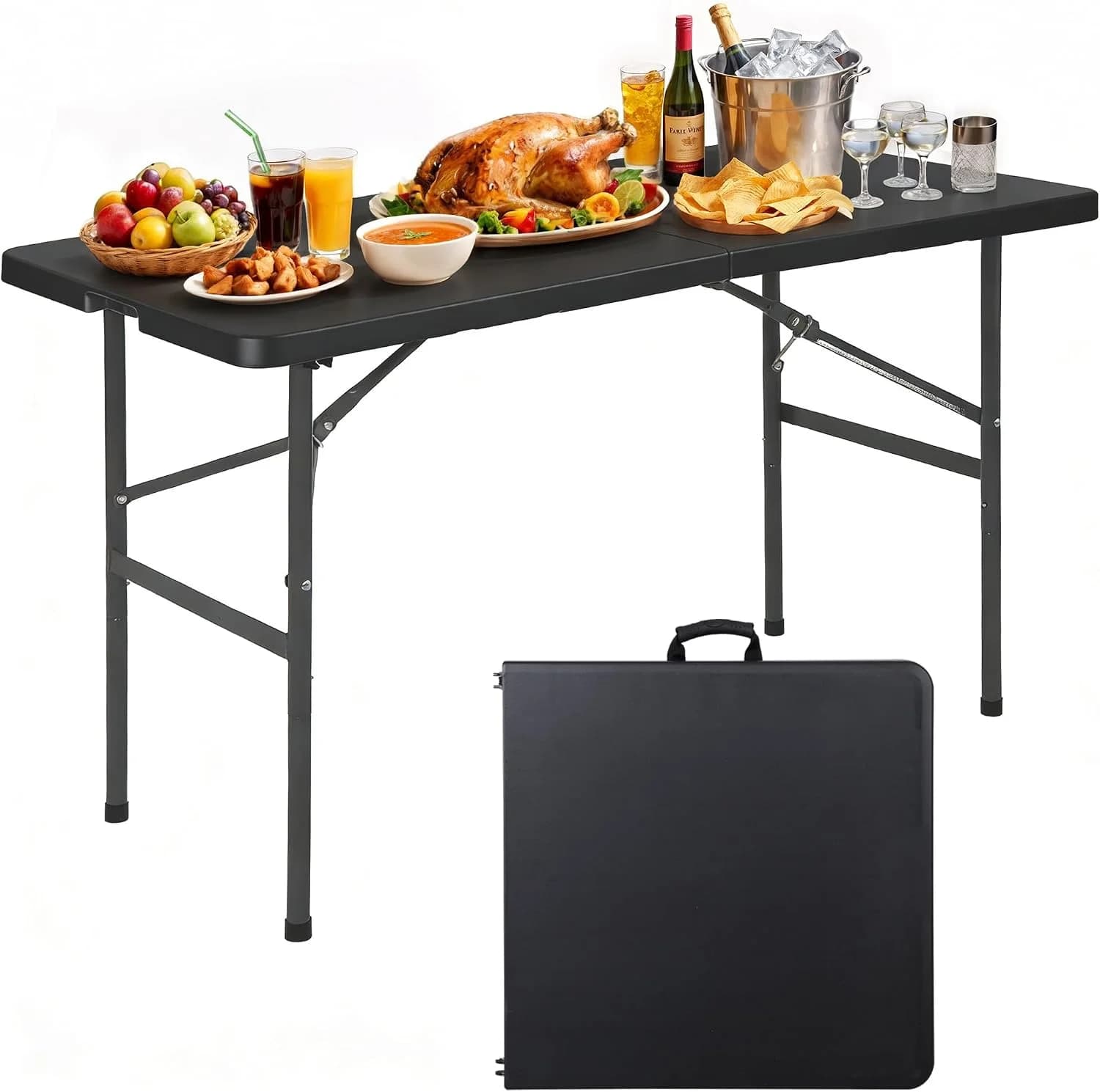 Portable Folding Table, Heavy Duty Plastic Event Picnic Table Indoor Outdoor Camping, 4FT with Handle Lock for Banquet,
