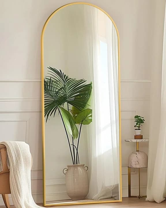 Antok Full Length Mirror, 58"x18" Floor Mirror with Stand, Gold, Arched