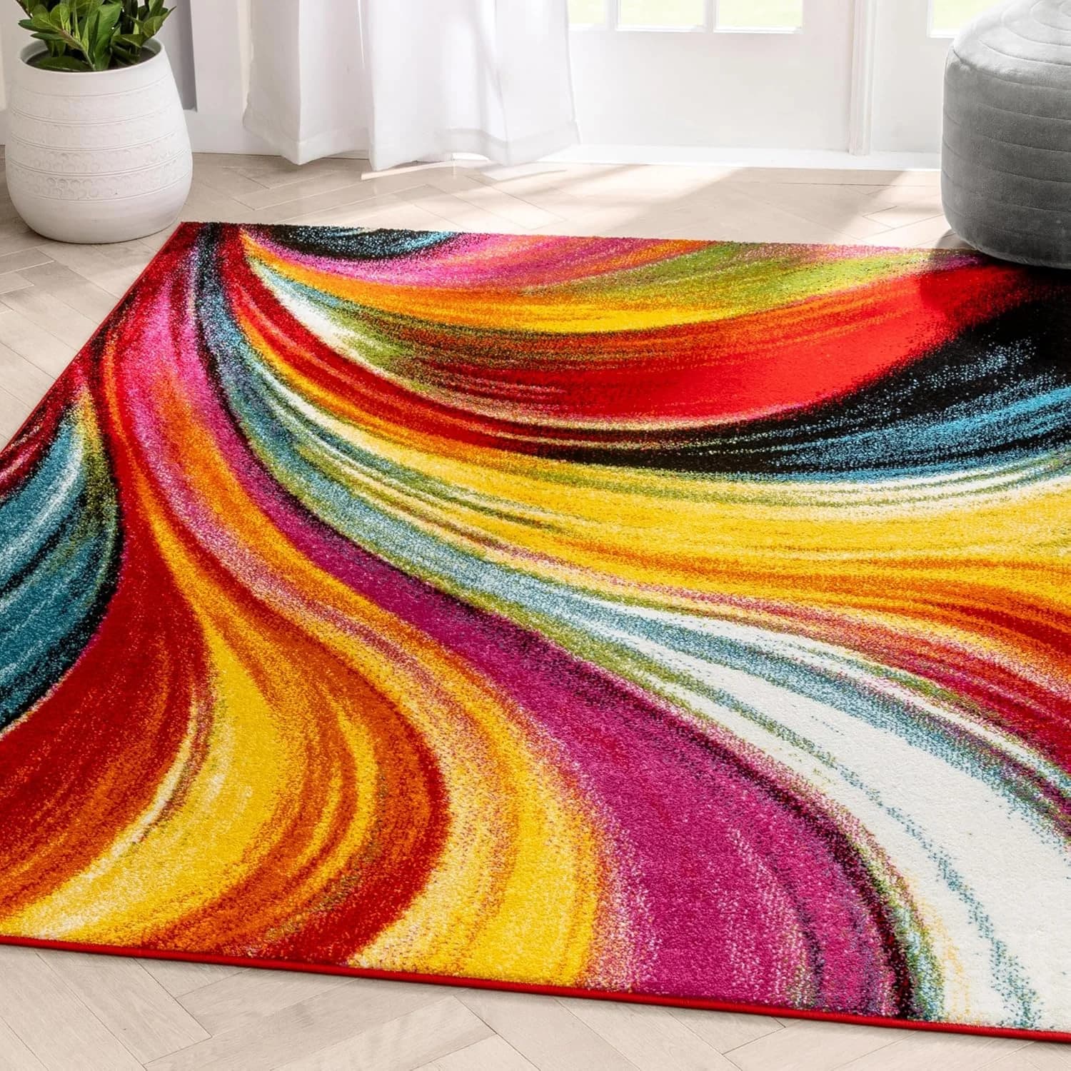 Well Woven Aurora Multi Red Yellow Orange Swirl Lines Modern Geometric Abstract Brush Stroke Area Rug(5'3inx7'3in)Easy C