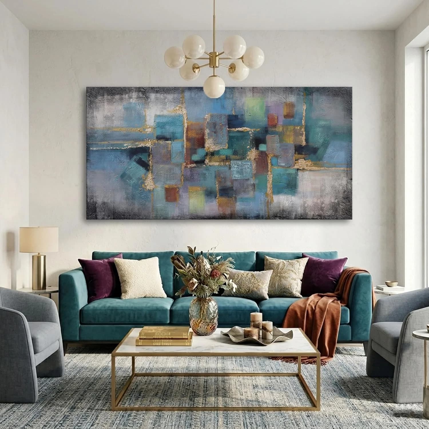 Blue and Gold Abstract Canvas Wall Art - Modern Framed Pictures for Living Room, Bedroom, Office - Large Black Framed Wa