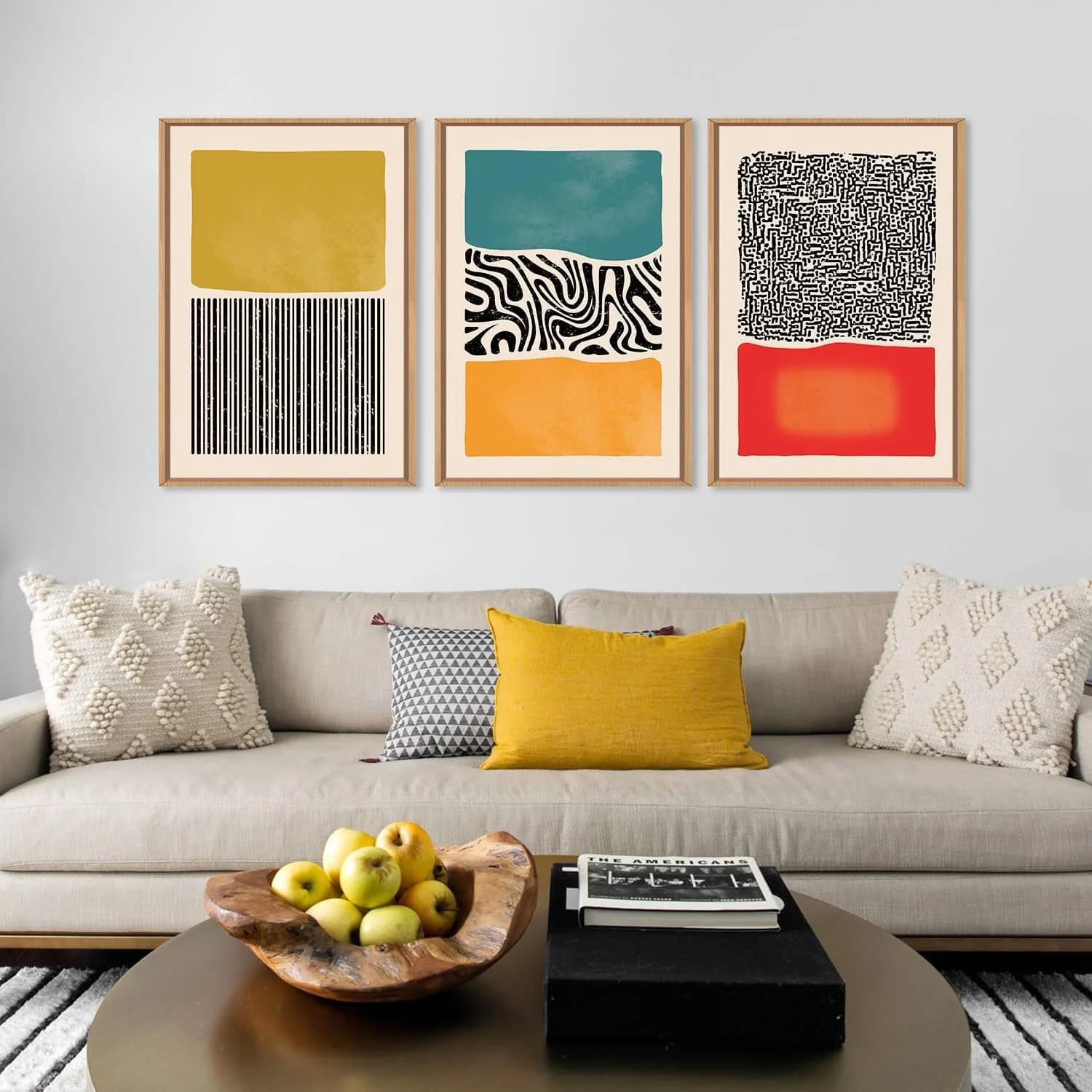 HLNIUC Large Mid Century Modern Wall Art Framed 16x24, Boho Abstract 3 Piece Canvas Decor, Mcm Vintage Bohemian Color Bl