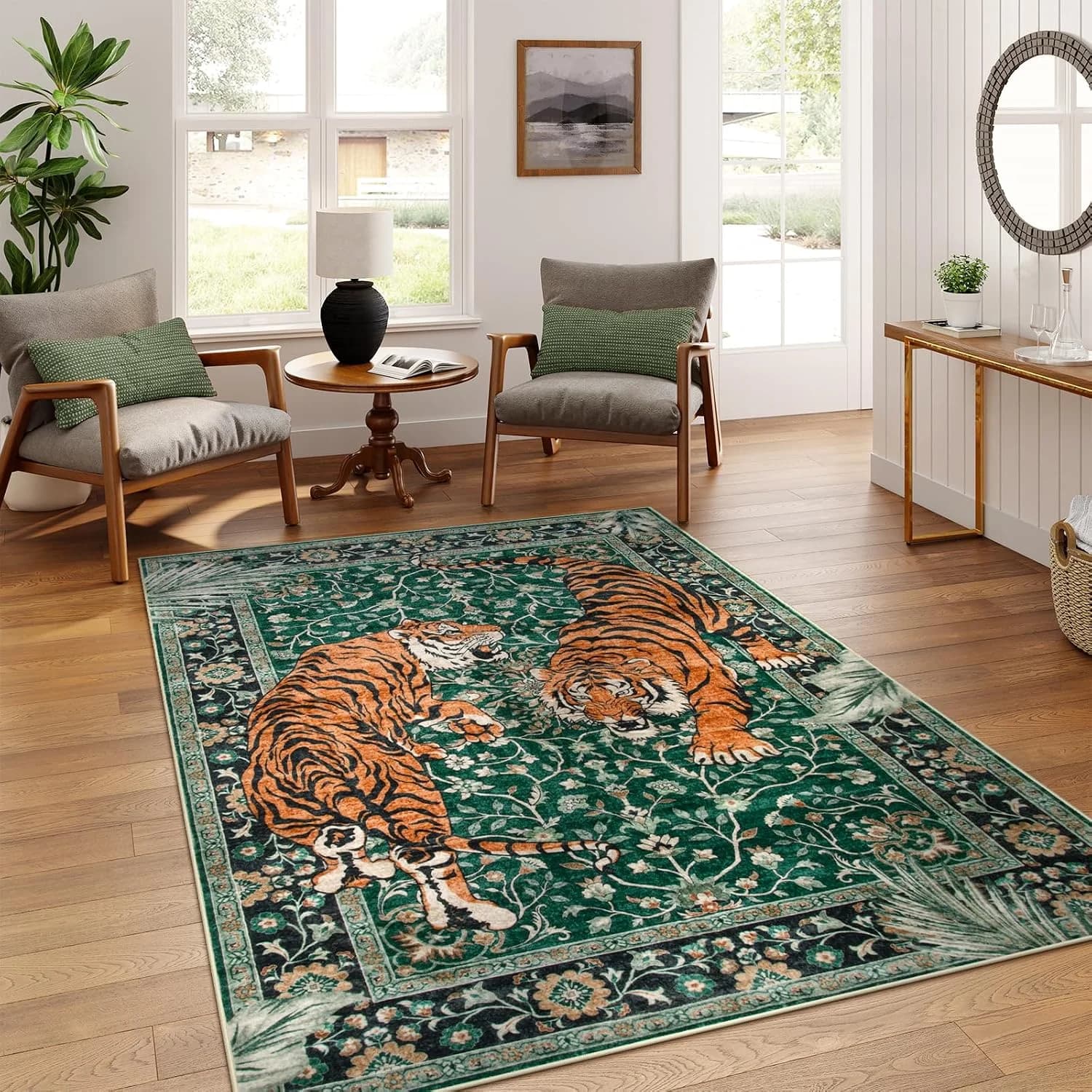 Moynesa Tiger 5x7 Area Rug, Boho Washable Living Room Rug, Non Slip Green Rugs for Bedroom, Ultra Thin Vintage Soft Stai