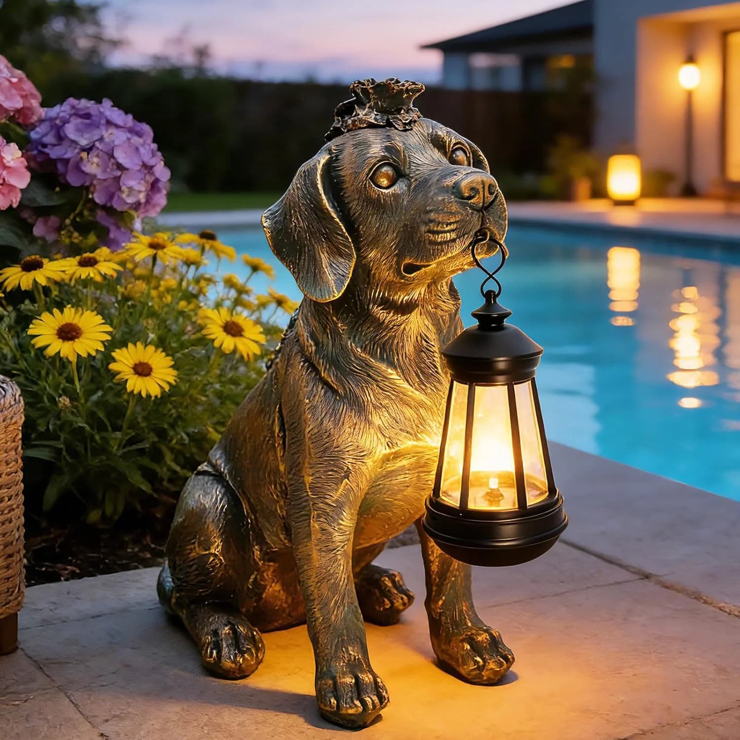 Garden Statue Dog Figurine Decor with Solar Lights 11in Outdoor Decoration
