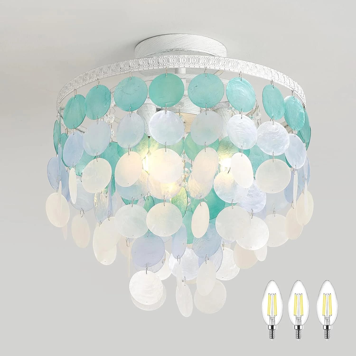13.8" Natural Capiz Shell Chandelier 3 Light Mini Chandelier Boho Ceiling Light Entryway Light Fixture for Girls' Bedroo