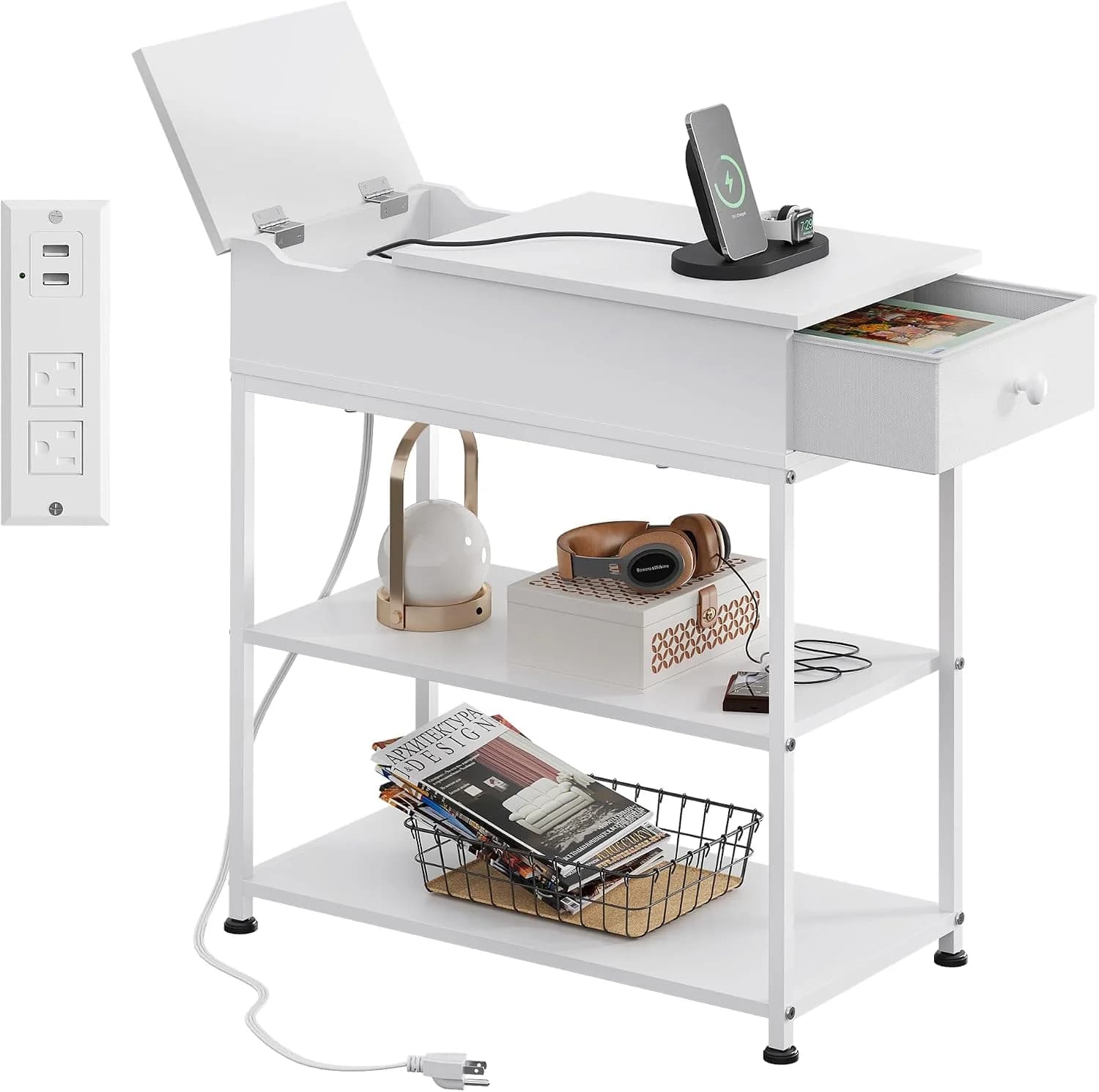 WLIVE 3 Tier Narrow Side Table End Table Nightstand with Charging Station