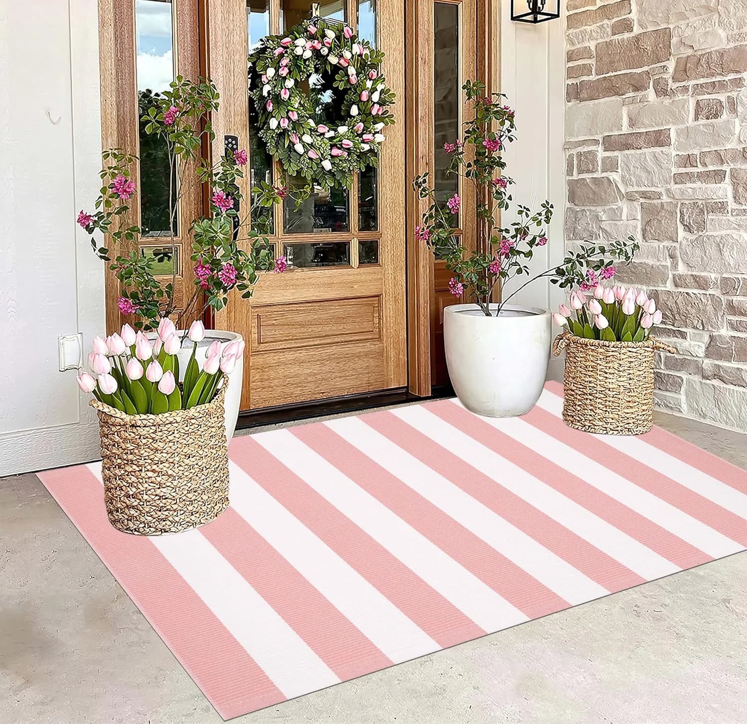 BUAGETUP Washable Outdoor Rug 3'x 5'Pink and White Striped Area Rug