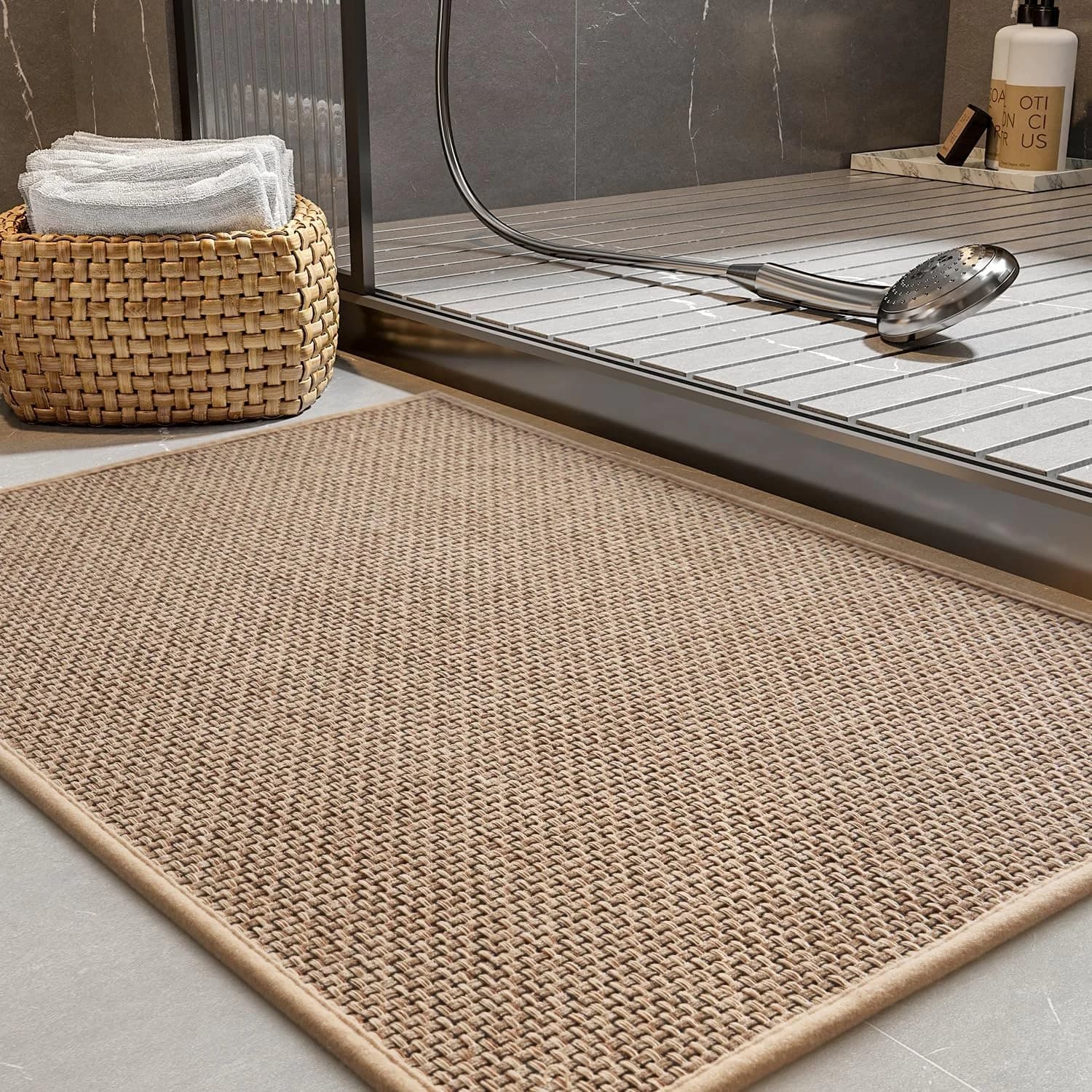 PADOOR Non-Slip Bath Mat With Rubber-Backing, Braided Absorbent Machine Washable Thin Rug for Bathroom Floor, Quick Dry,