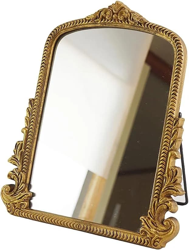 Small Vintage Vanity Makeup Desk Mirror, Antique Traditional Arch Table Mirror in Gold, Decorative Wood Carved Mirror fo