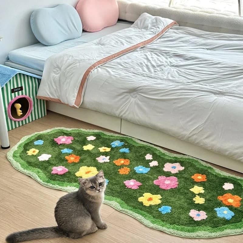 3D Floral Area Rug,Cute Flower Green Moss, Irregular Flower Pattern, Non-Slip Plush, Washable for Playroom,Bedroom Floor