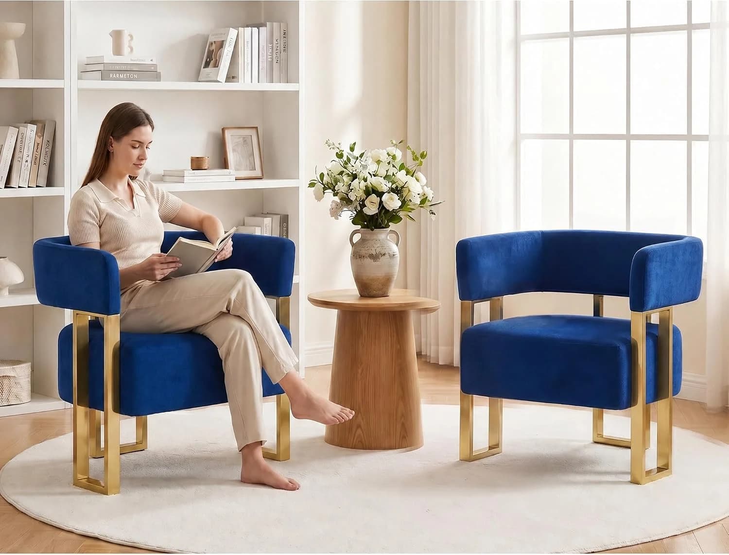 AODAILIHB Modern Accent Chairs Set of 2, Barrel, Navy Blue Velvet, Gold Leg