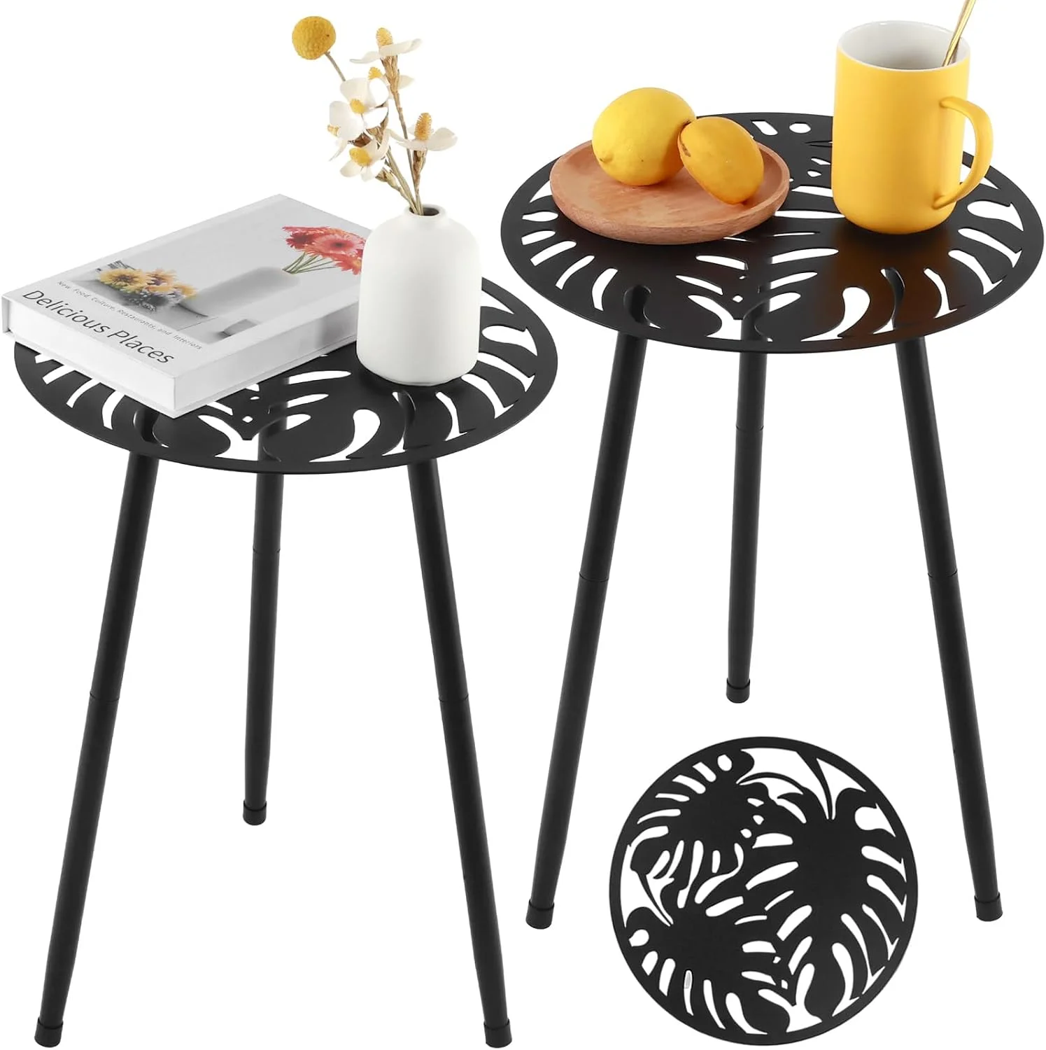 Metal Outdoor Side Tables Set of Two Small Outside Round End Table for Patio Modern Accent Garden Corner Table for Small