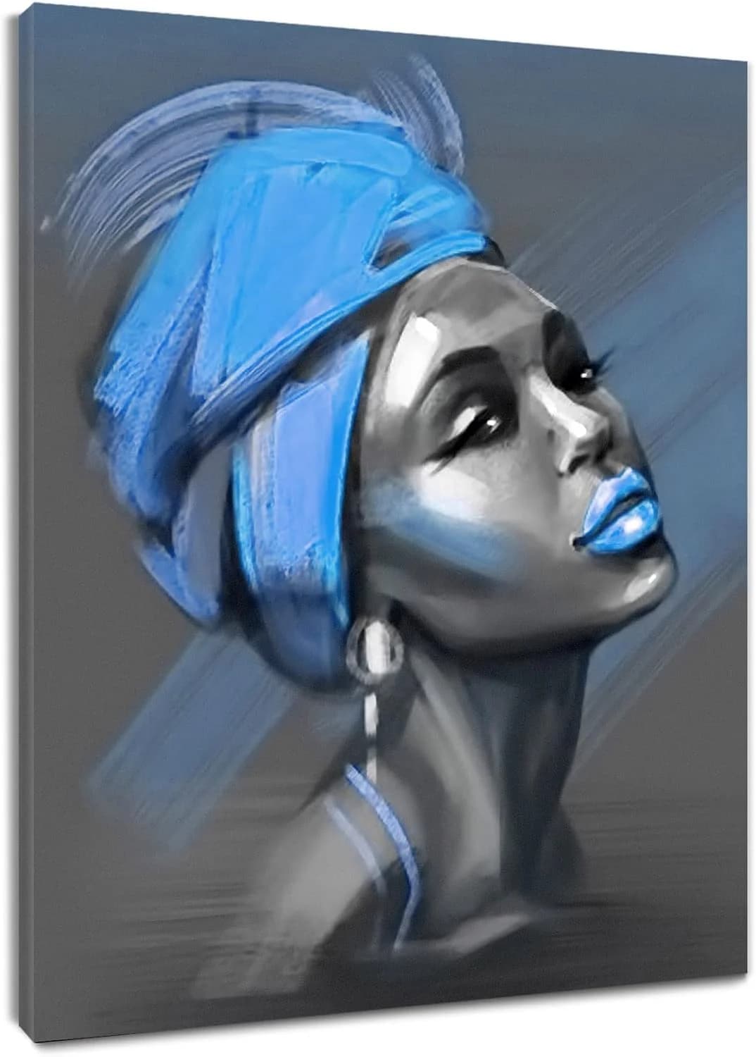 LB African American Women Canvas Wall Art, Beauty Black Woman Blue Hair Canvas Art, Abstract Minimalist Painting Wall De