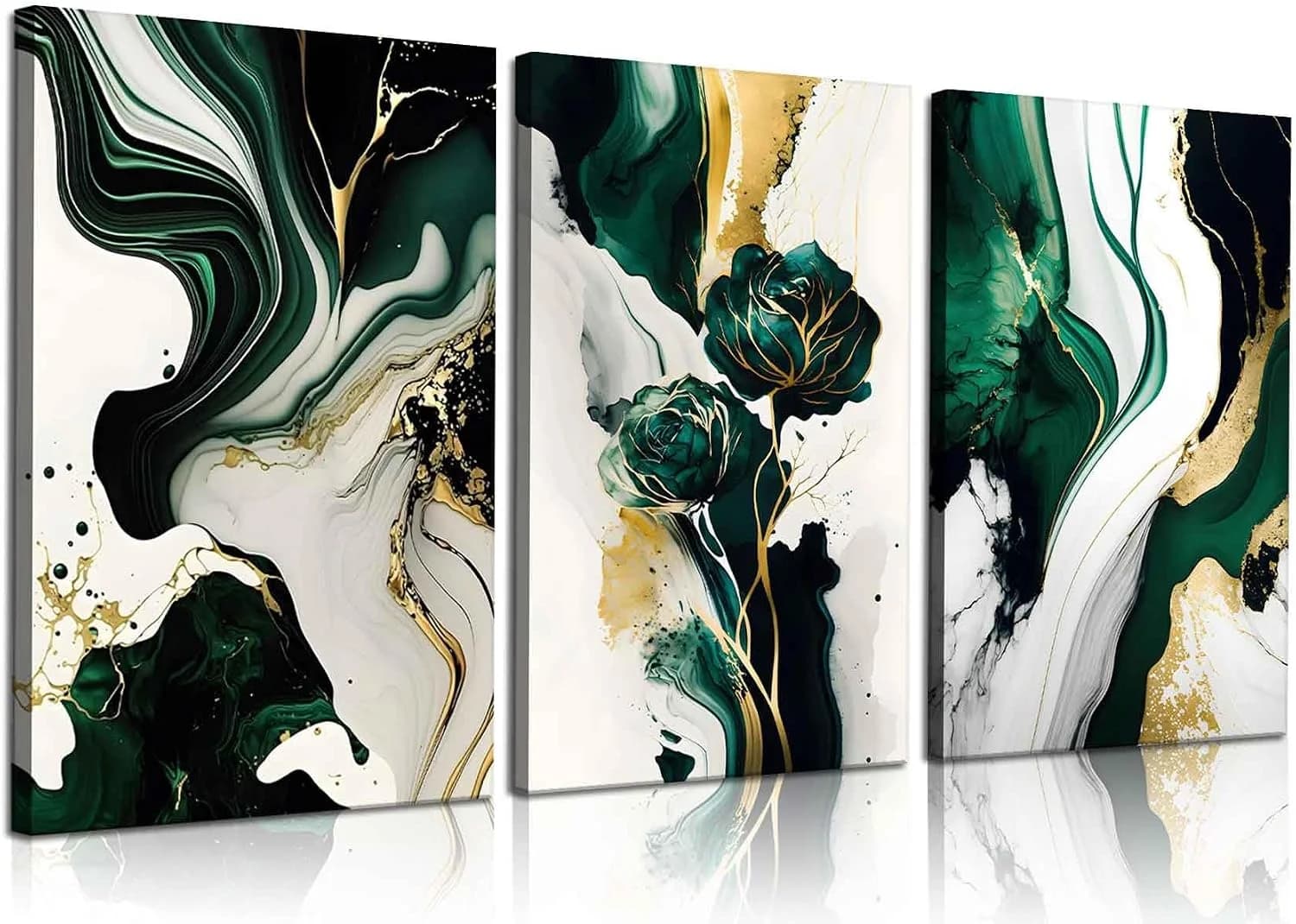 3Pcs Framed Emerald Green Wall Art, Modern Green and Gold Abstract Marble Canvas Wall Art Paintings Prints Posters Wall