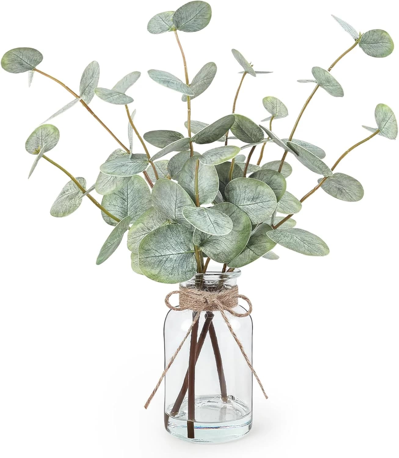Bessol Artificial Eucalyptus Stems in Glass Vase with Faux Water, 13.5" Fake Plants for Home Decor, Coffee Table Centerp