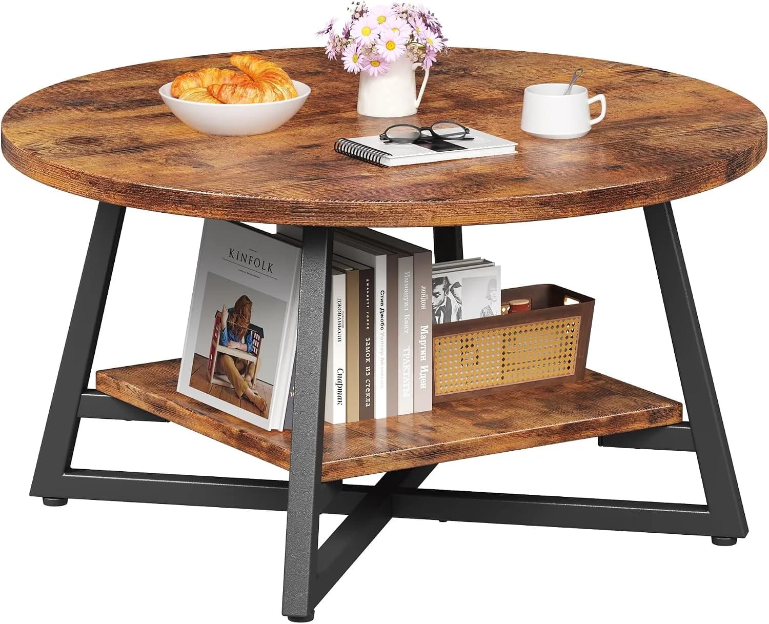 Round Coffee Table, Small Circle Coffee Table with Storage, Modern Wood Round Center Table for Living Room, Home Office,