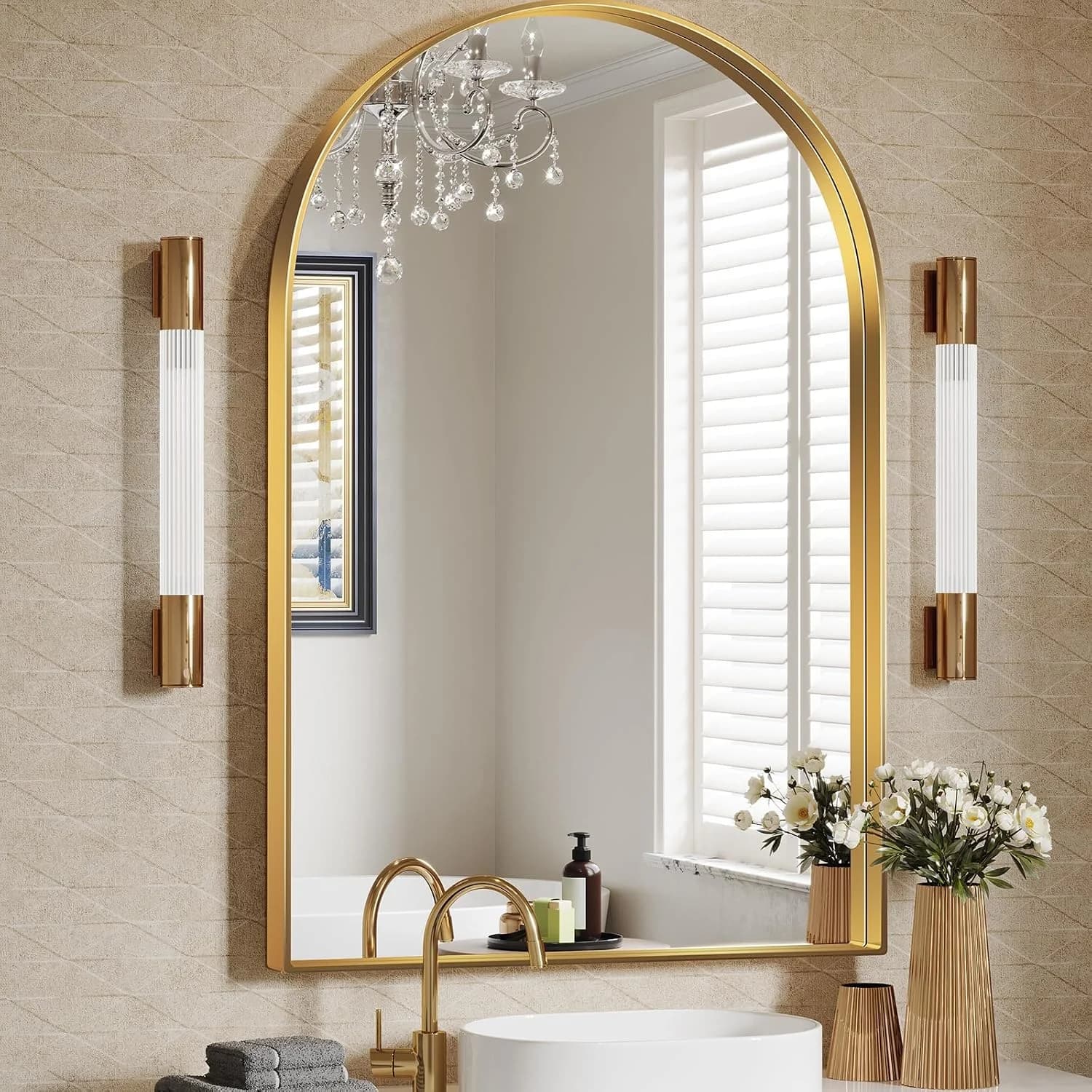Brightify Arched Mirror, 24 x 36 Inch Gold Arch Mirror, Metal Frame Gold Arched Wall Mirror, Arched Top Bathroom Vanity