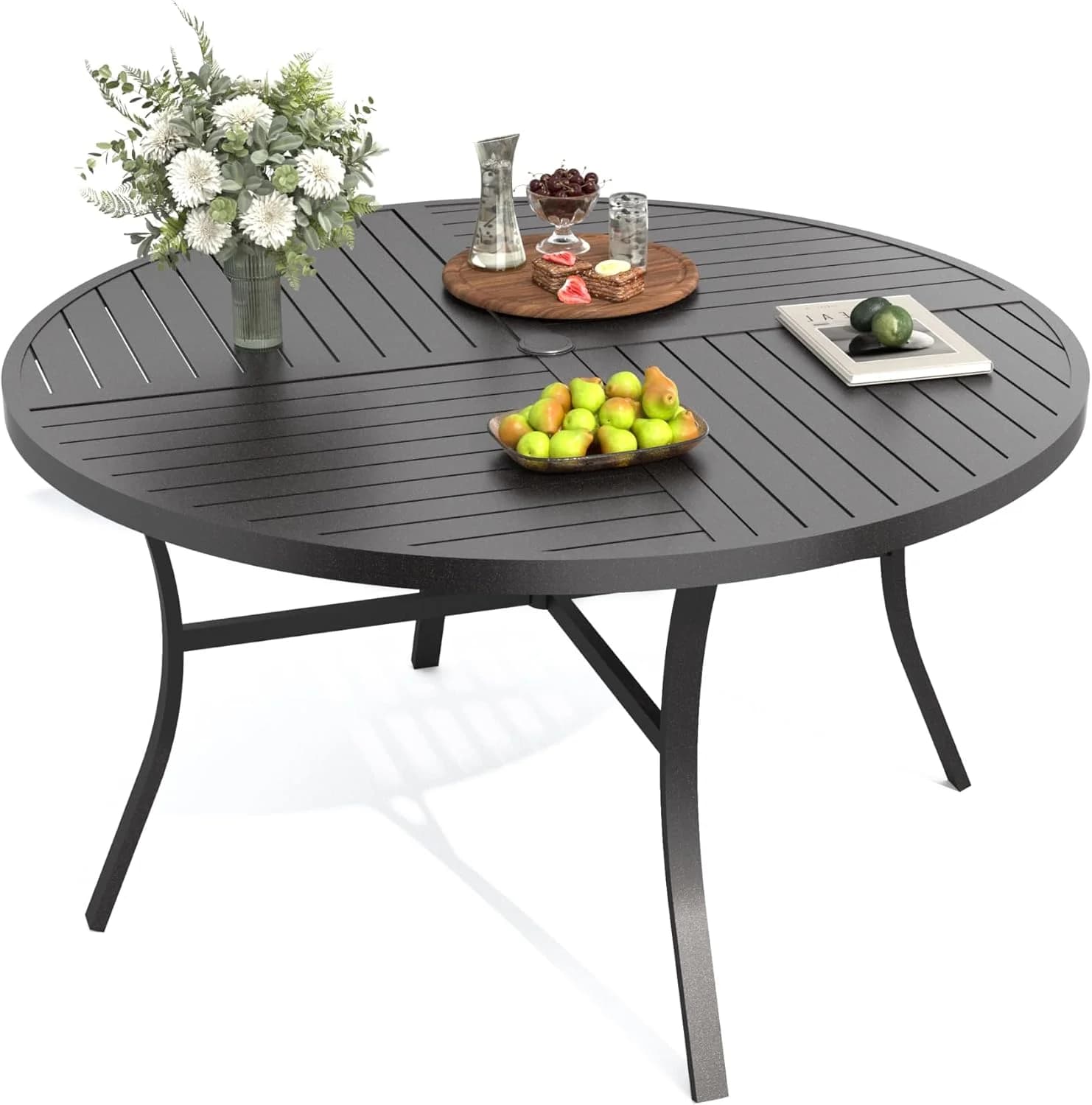PHI VILLA Patio Round Table w/Umbrella Hole, Metal Table for 6, Black