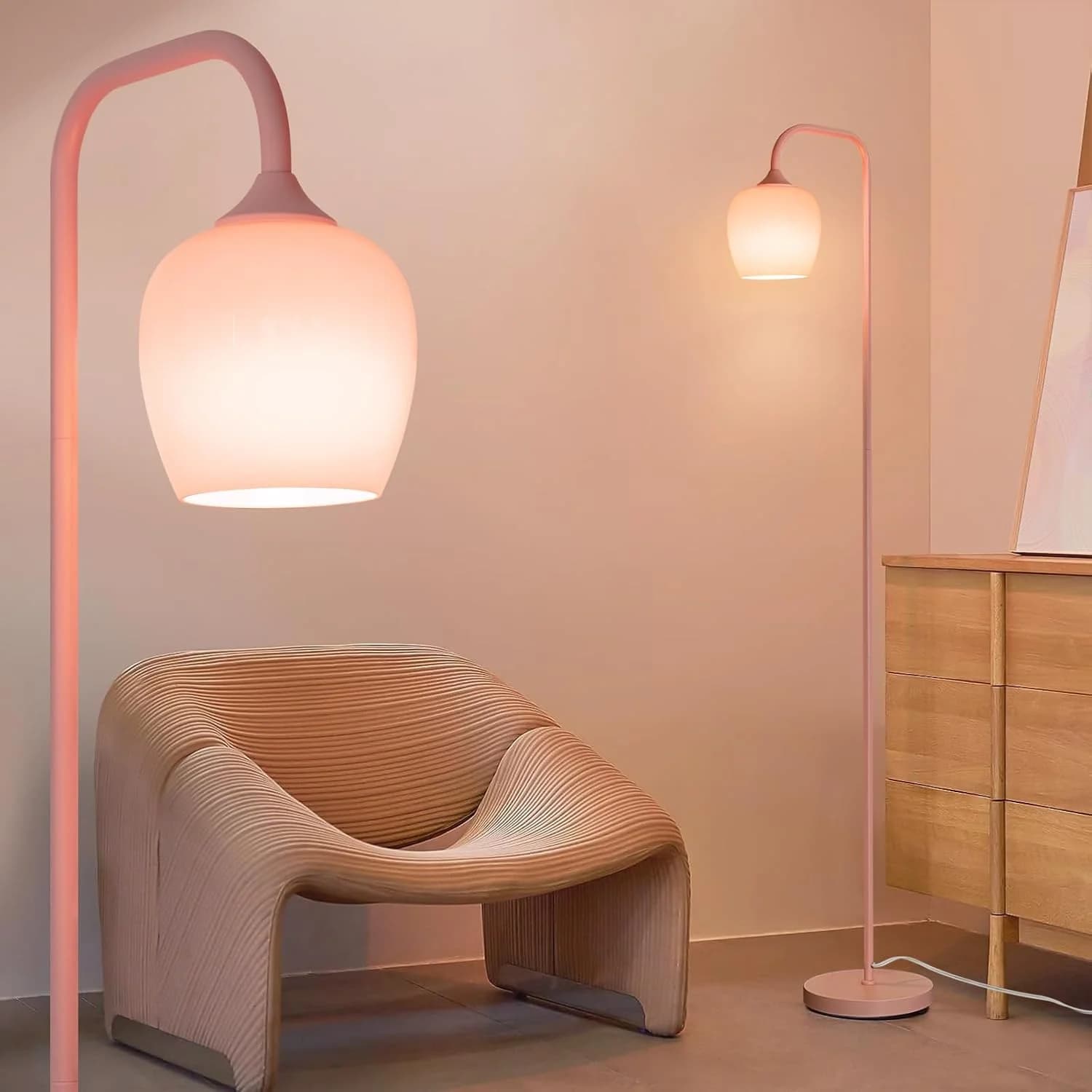 ONEWISH Pink Floor Lamp-Modern Standing Lamp for Living Room Bedroom, Glass Lamp Shade, LED Bulb Included, Cute Simple D