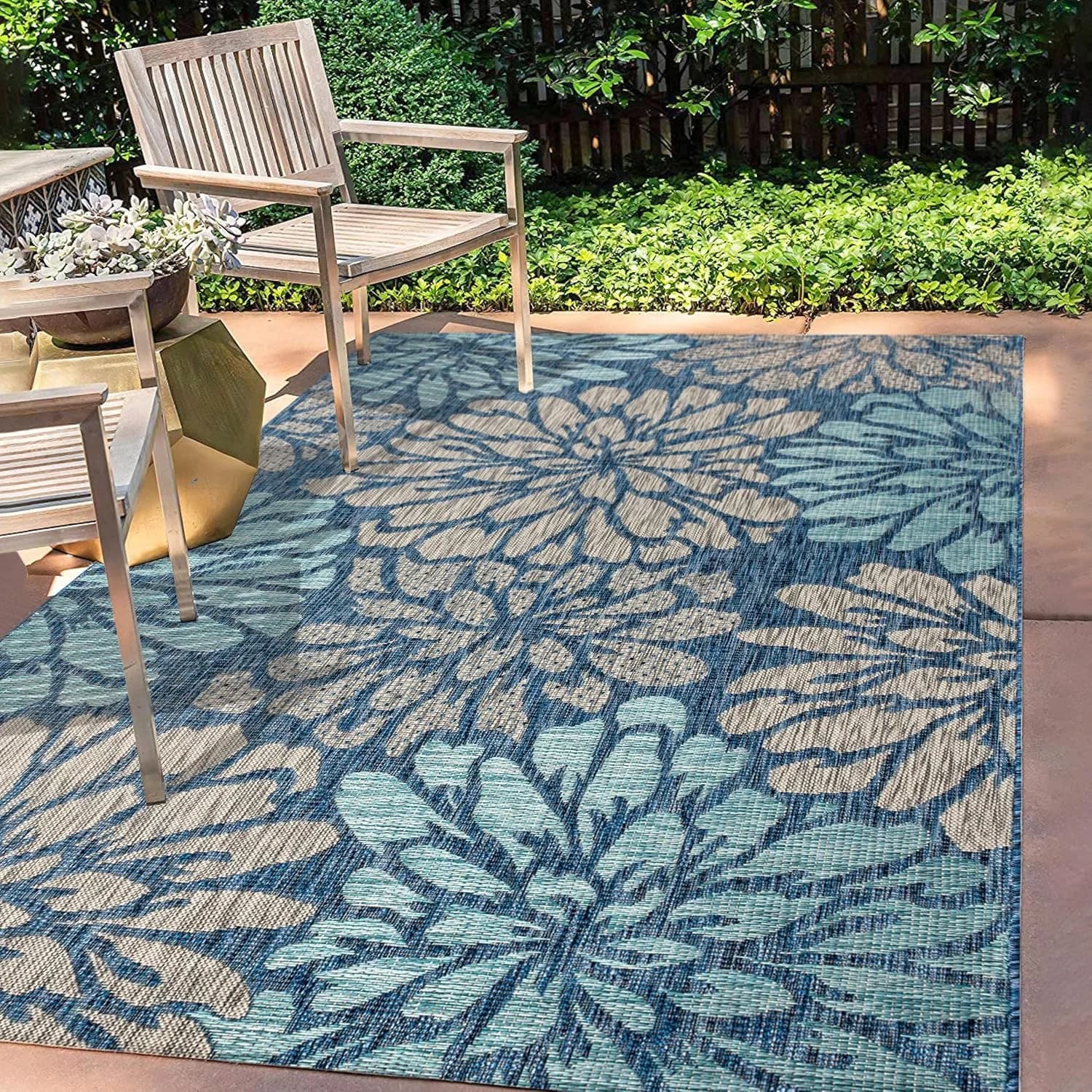 JONATHAN Y Floral Textured Weave Indoor Outdoor Area Rug 4X6 Navy/Aqua, Zinnia Modern for Backyard, Patio, Porch, Easy-C