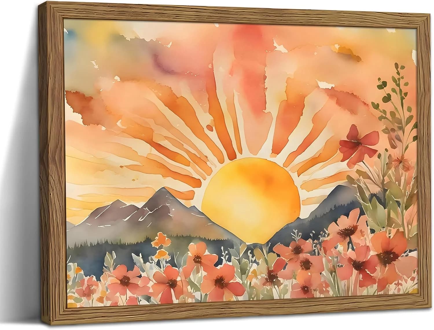 Framed Sunset Boho Wall Art for Living Room - Modern Abstract Floral Canvas Picture Boho Wall Decor, Sun Landscape Aesth