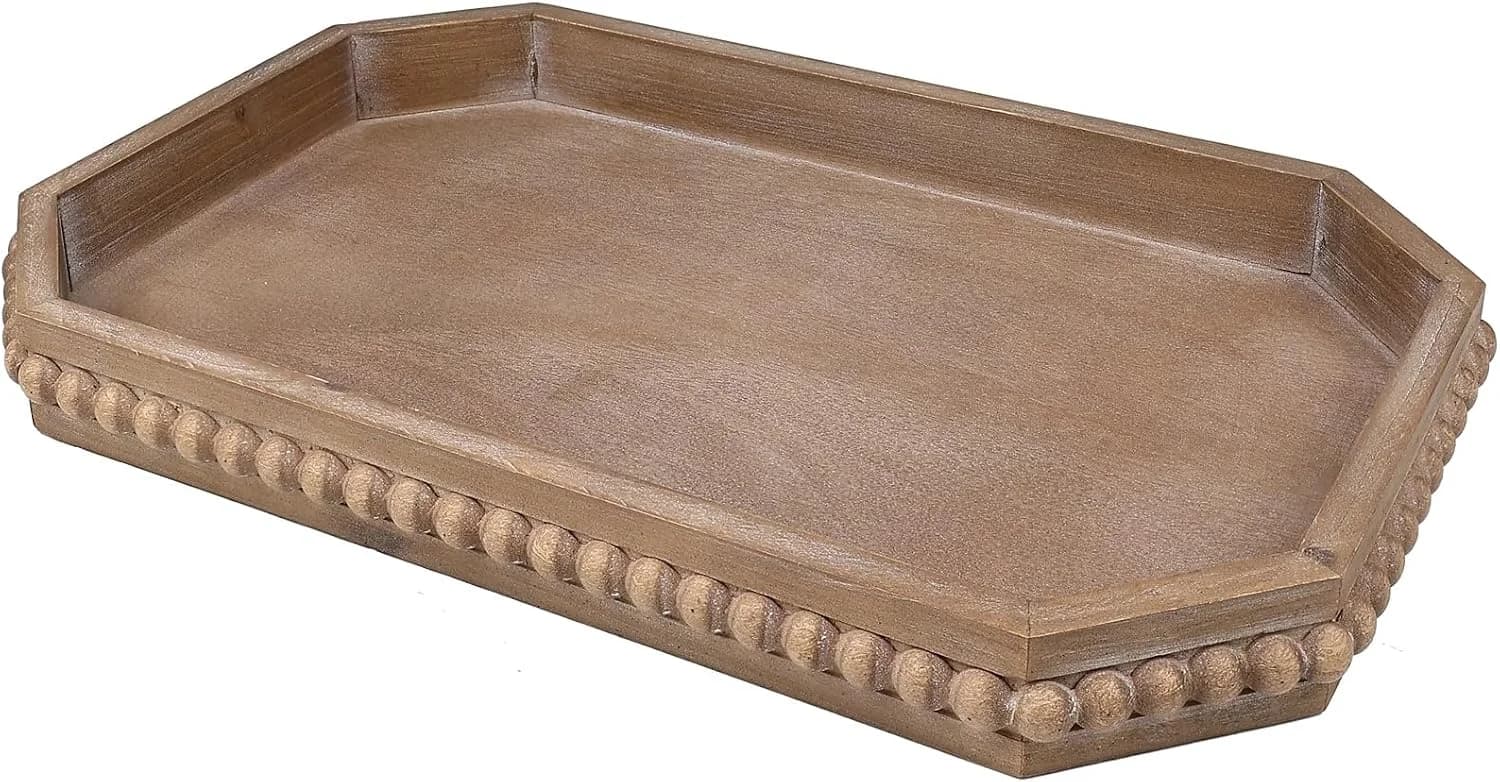 Hrastany Wood Rustic Serving Tray with Beads, Farmhouse Brown Decorative Tray for Table Centerpiece, Christmas Wedding H