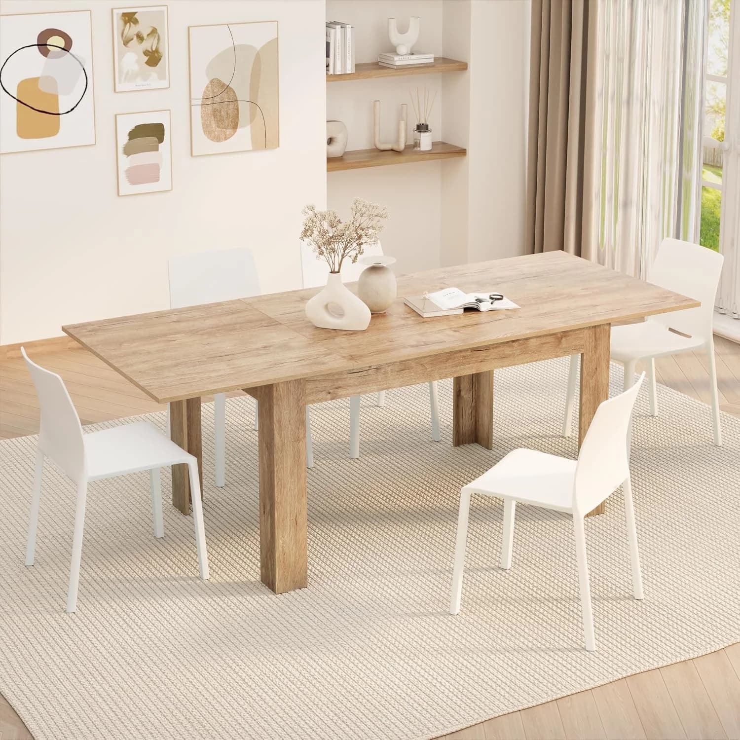 Mobili Fiver, Easy, Extendable Dining Table, 55,1(86,6) x35,4 in, Oak, for 6-8 People, Expandable Dining Table for Kitch