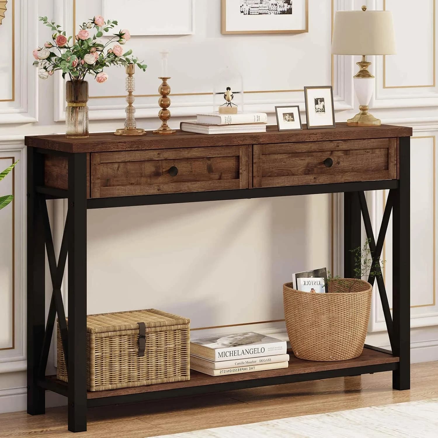 BON AUGURE Console Table with 2 Drawers, 47 Inch Entryway Table, Rustic Oak