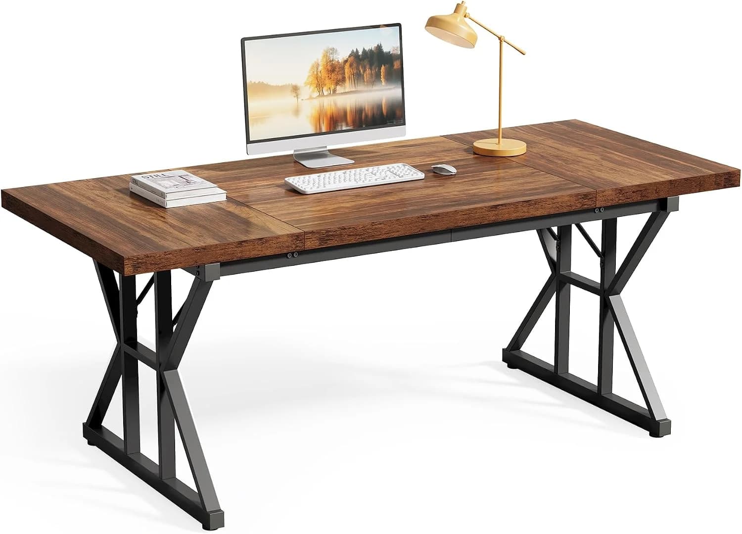 LITTLE TREE 70.8-Inch Office Desk, Wooden Executive Office Desk, Modern Work Desk, Large Farmhouse Writing Table Compute