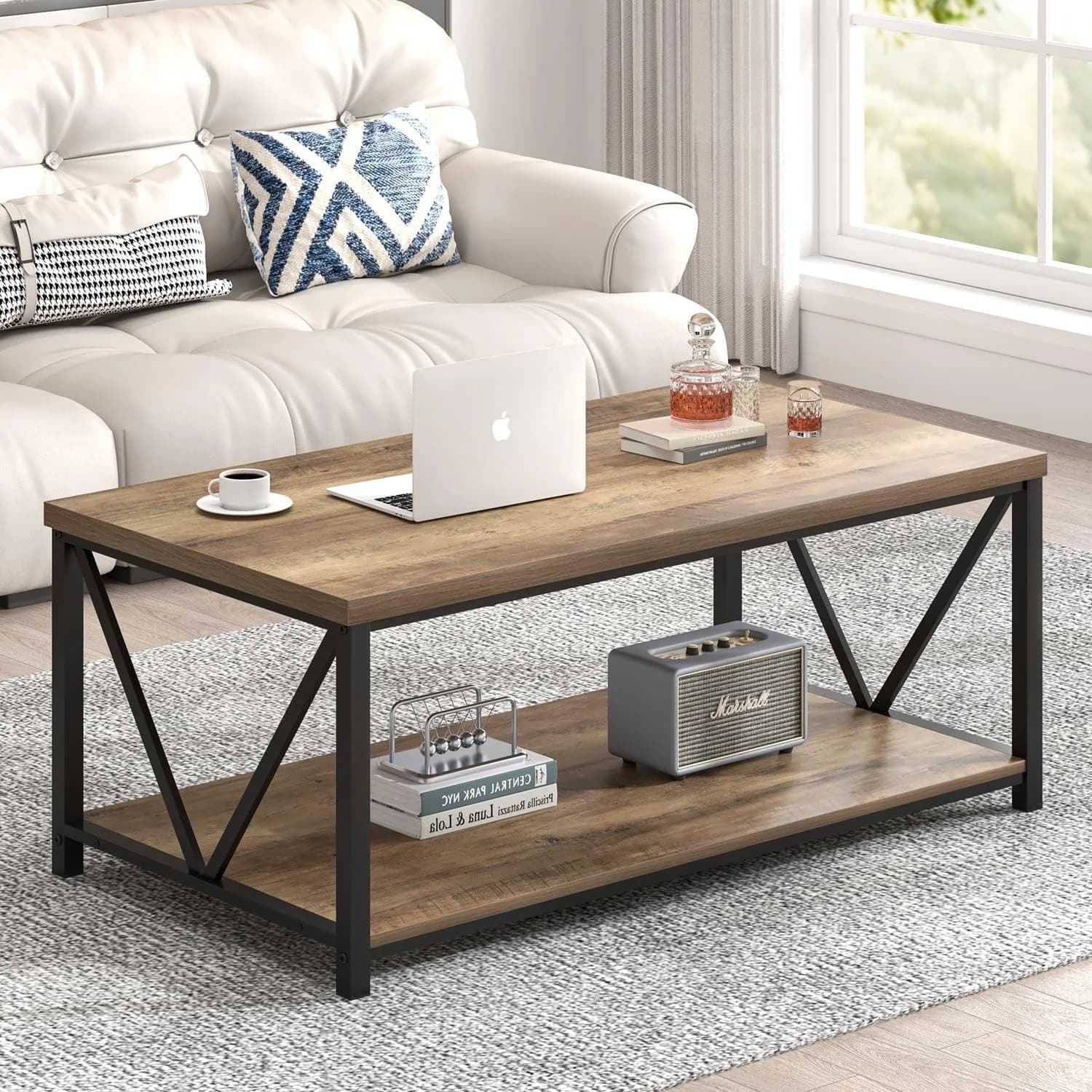 FOLUBAN Coffee Table with Storage for Living Room, Rustic Oak, 39.3 Inch