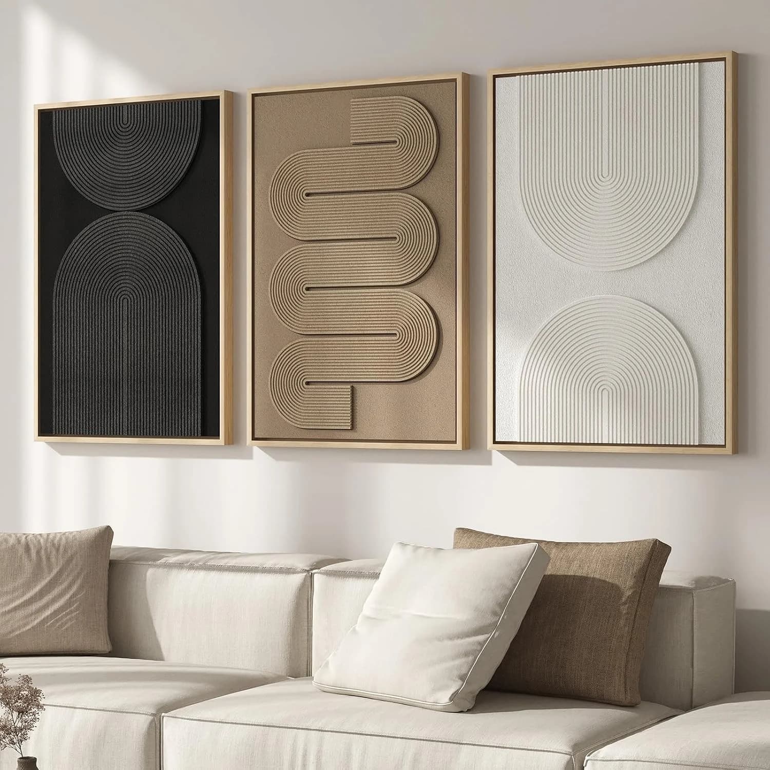 Large Framed Neutral Abstract Wall Art for Living Room, Modern 3D Artwork