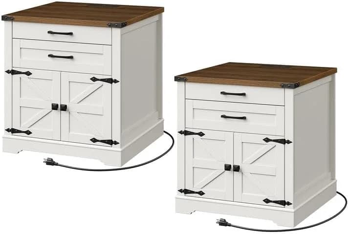RALGEND Farmhouse End Table Set of 2, 24'' Sofa Side Table with 2 Drawers and Barn Door, Large Rustic Wooden Square Nigh
