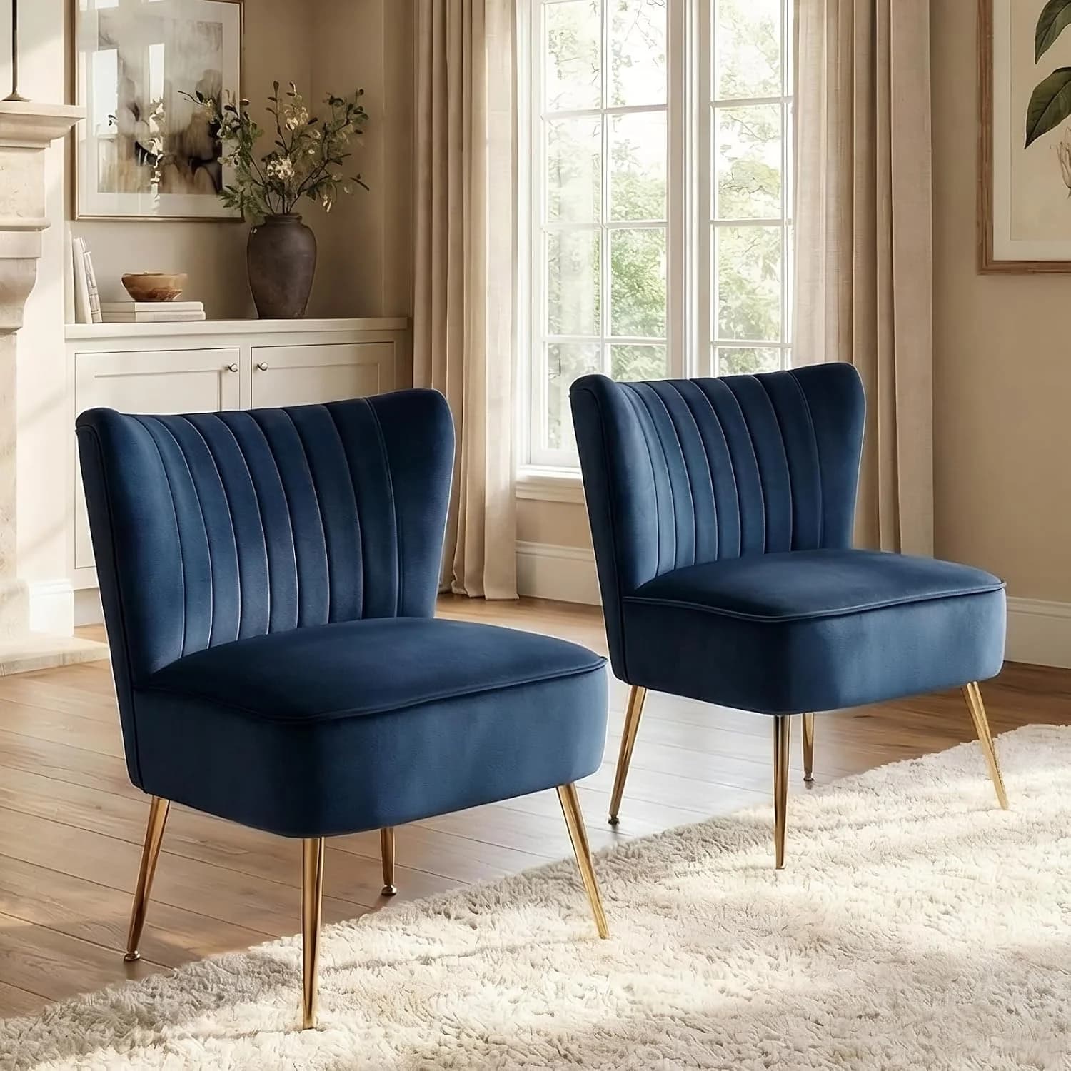 DUOMAY Modern Accent Chair Set of 2 Velvet Slipper Chair with Gold Legs Wingback Side Chair for Living Room Bedroom Entr