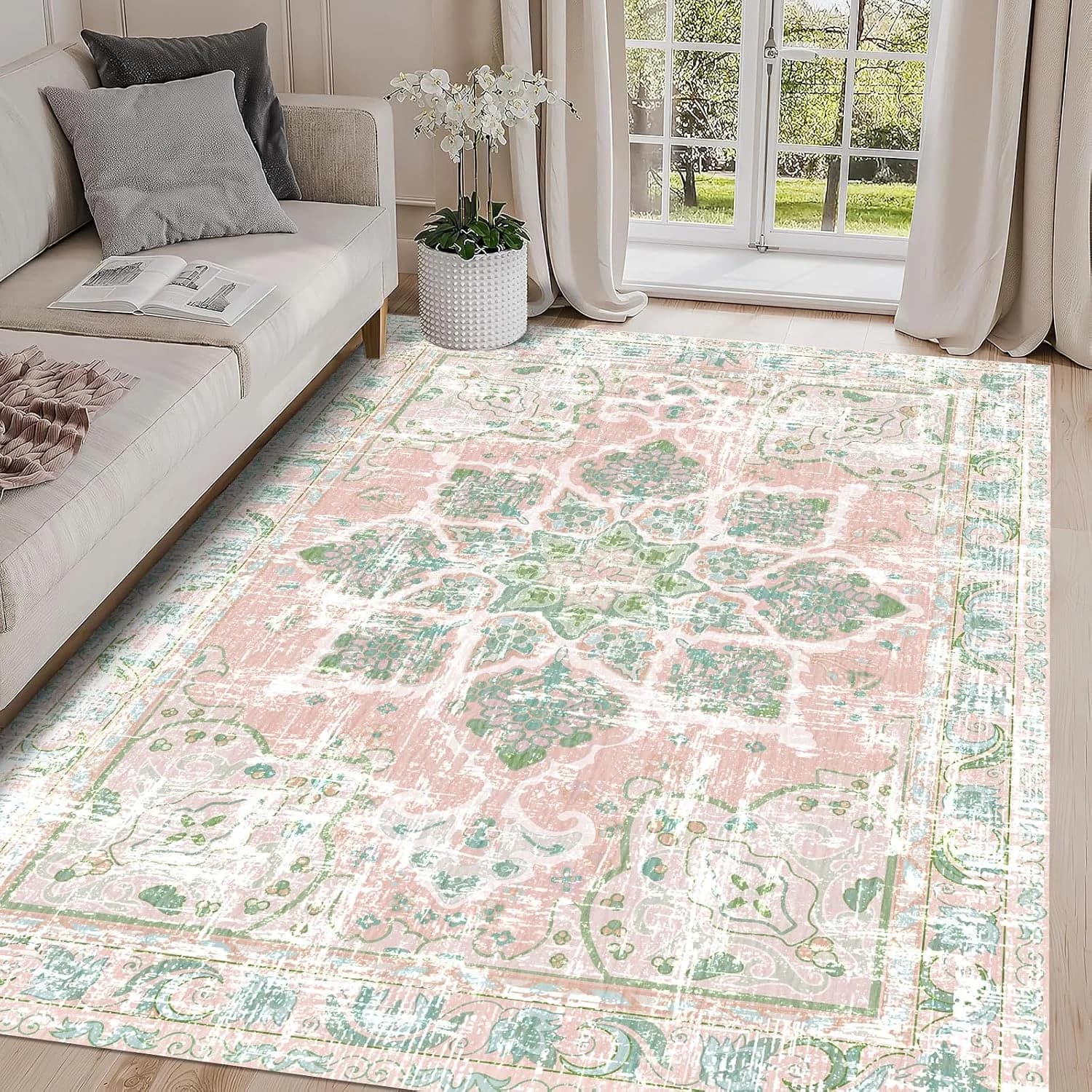 Vhong Boho Area Rugs Vintage Washable Neutral Modern Dusty Pink and Green 5x7 Non Slip Carpet for Nursery Living Room Di