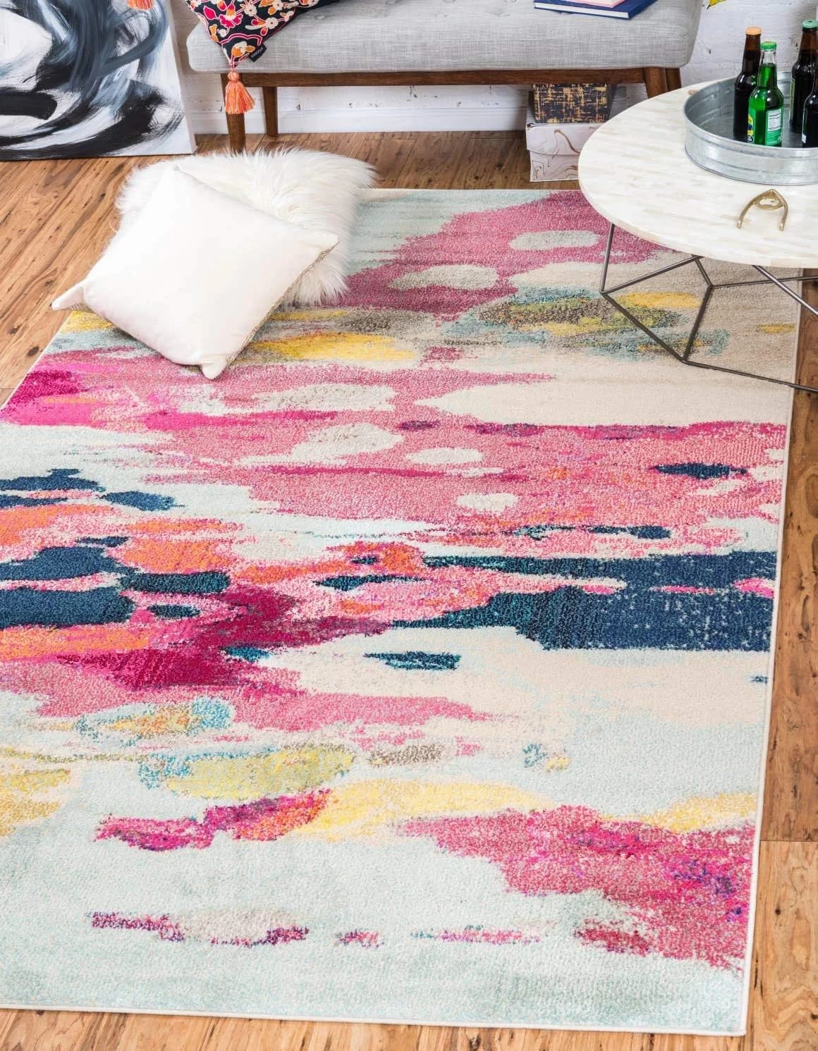 Unique Loom Estrella Collection Light Colors, Abstract, Modern, Vibrant Area Rug (5' 1 x 8' 0 Rectangular, Pink/Ivory)