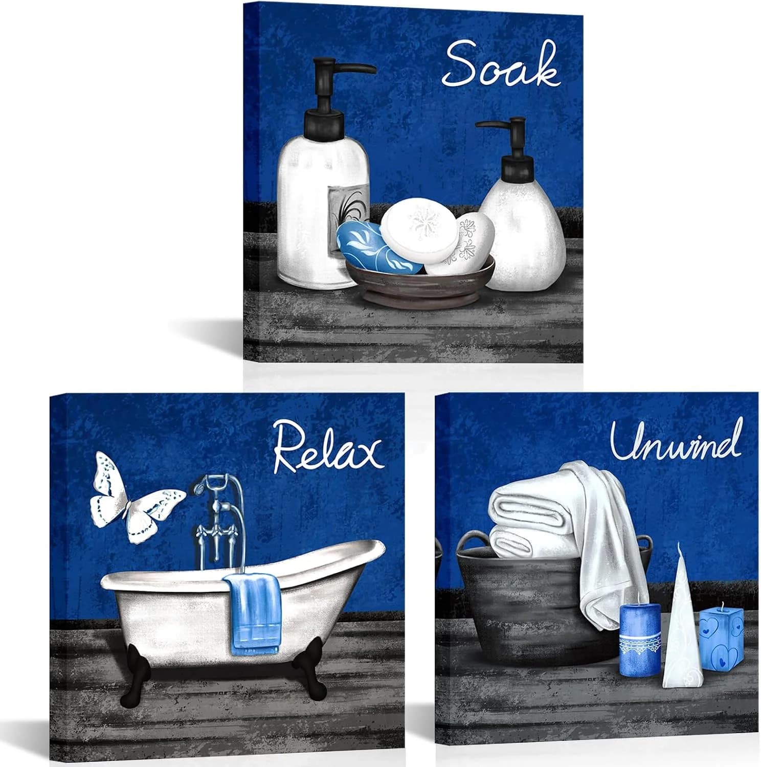 RnnJoile Blue Bathroom Decor Wall Art Bathtub Spa Canvas Pictures Prints Relax Soak Unwind Painting for Bathroom Framed