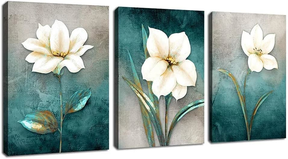 Flower Canvas Wall Art Cream White Floral Wall Decor Turquoise Tealish Grey Background Canvas Picture Modern Rustic Artw