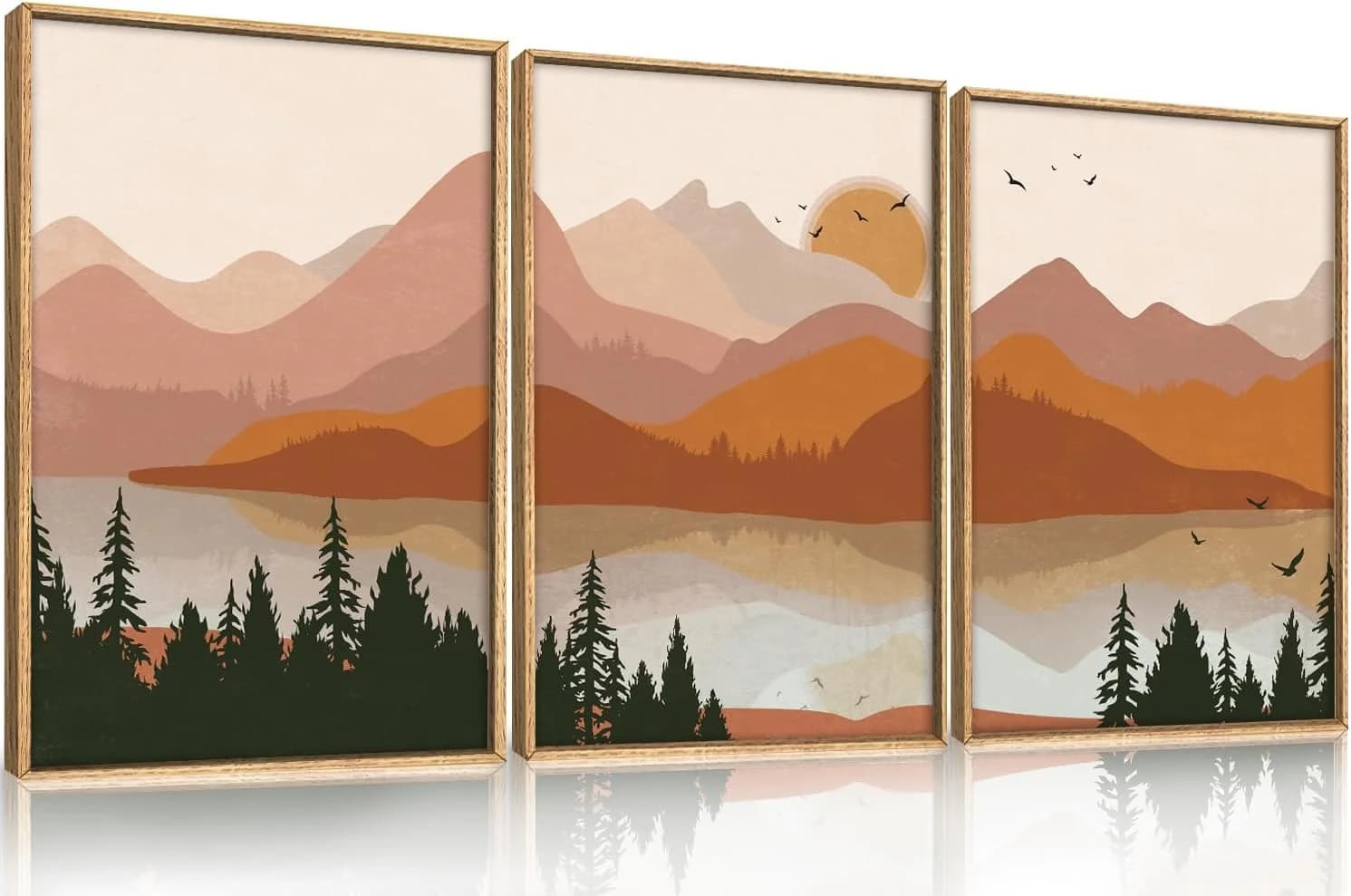 HLNIUC Boho Mountain Burnt Orange Wall Art Framed, Mid Century Modern Terracotta Wall Decor 24x36, Southwest Sunset 3 Pi