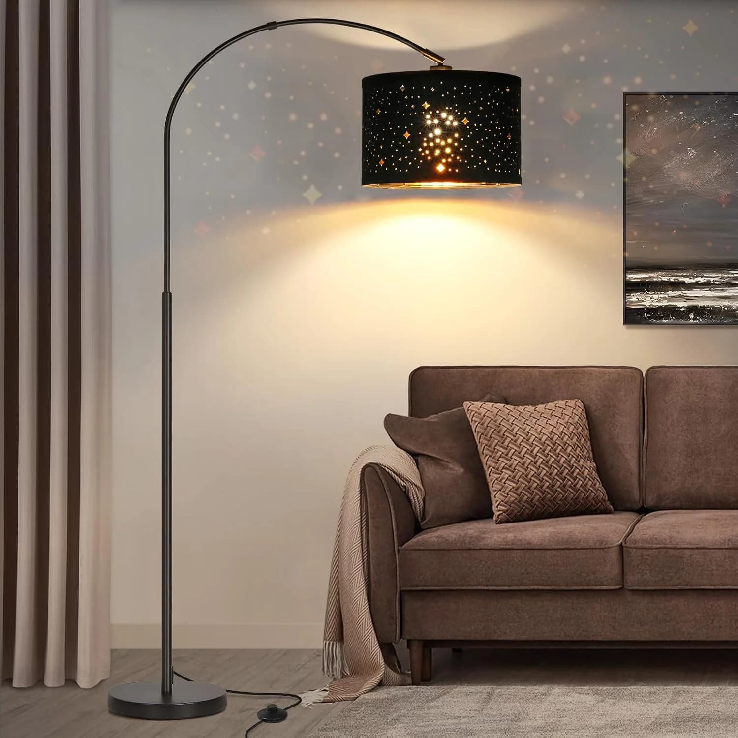Modern Arc Floor Lamp, Tall Pole Lamp with Black Stars Lampshade